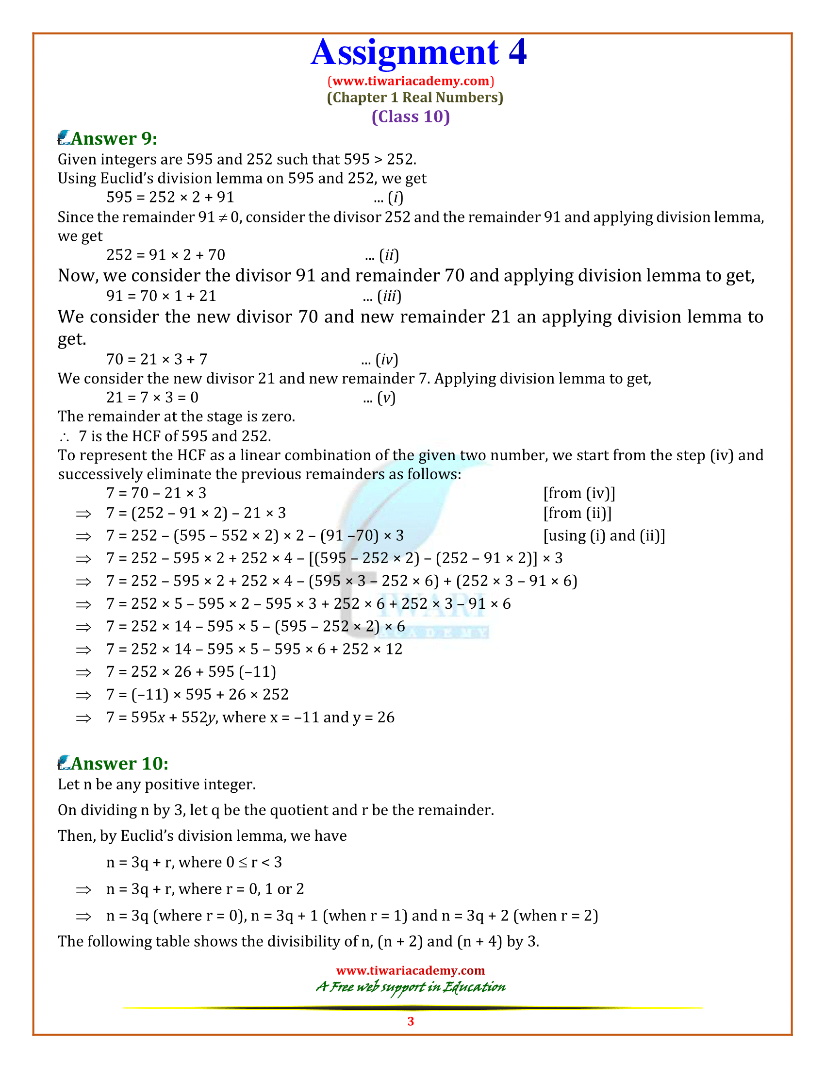 Class 10 Maths worksheets answers
