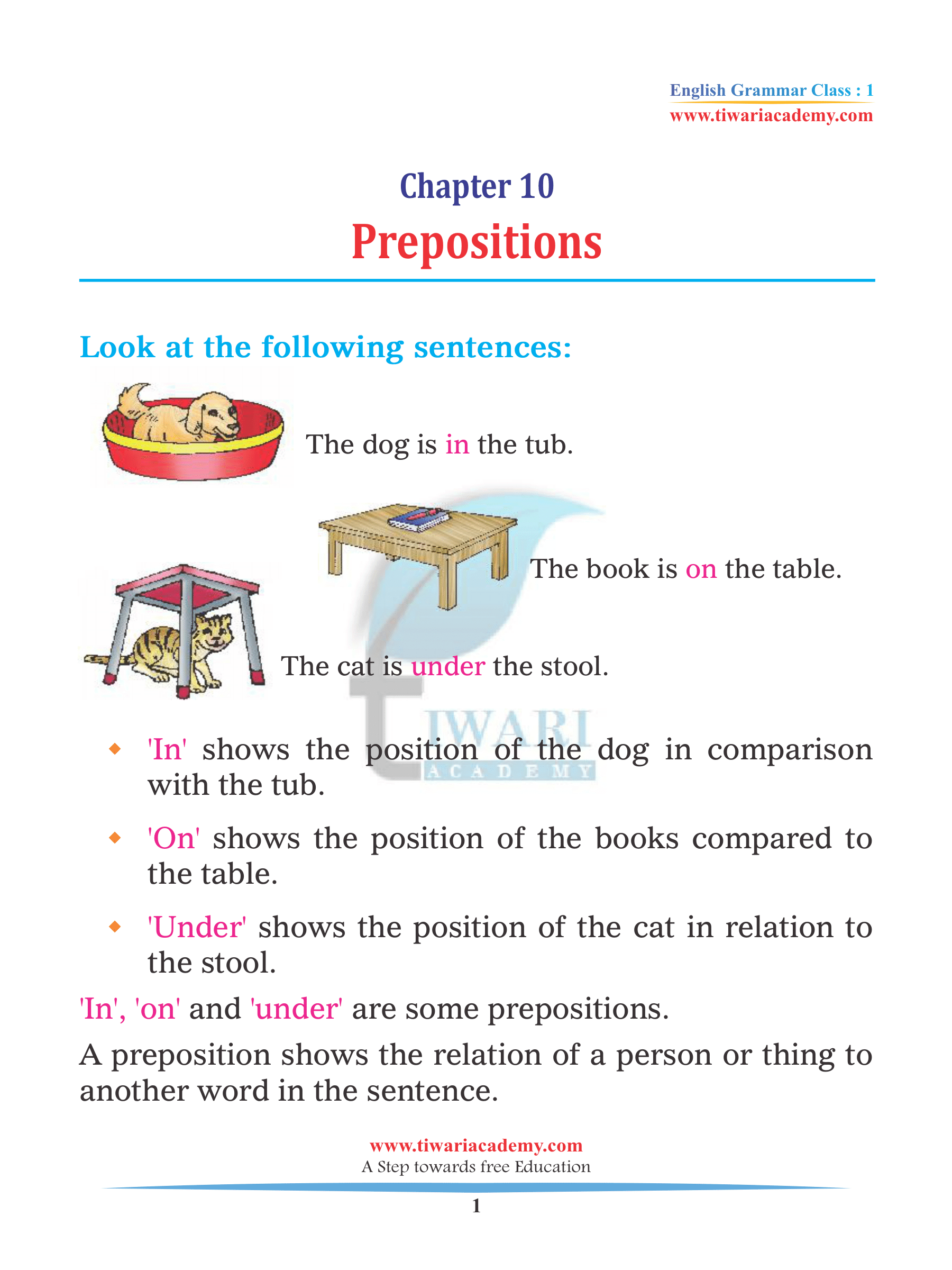 Class 1 Grammar Prepositions