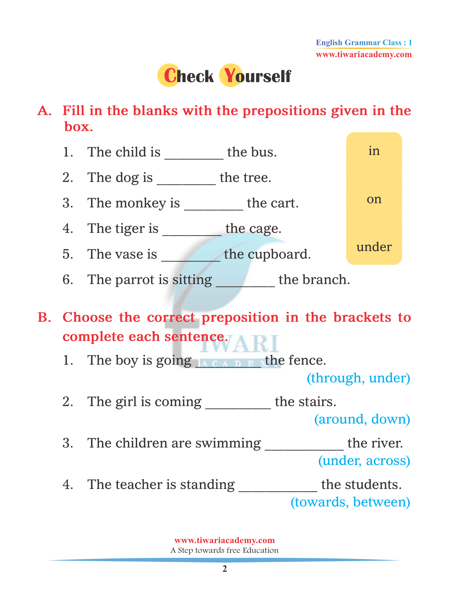 Assignment of Prepositions for grade 1