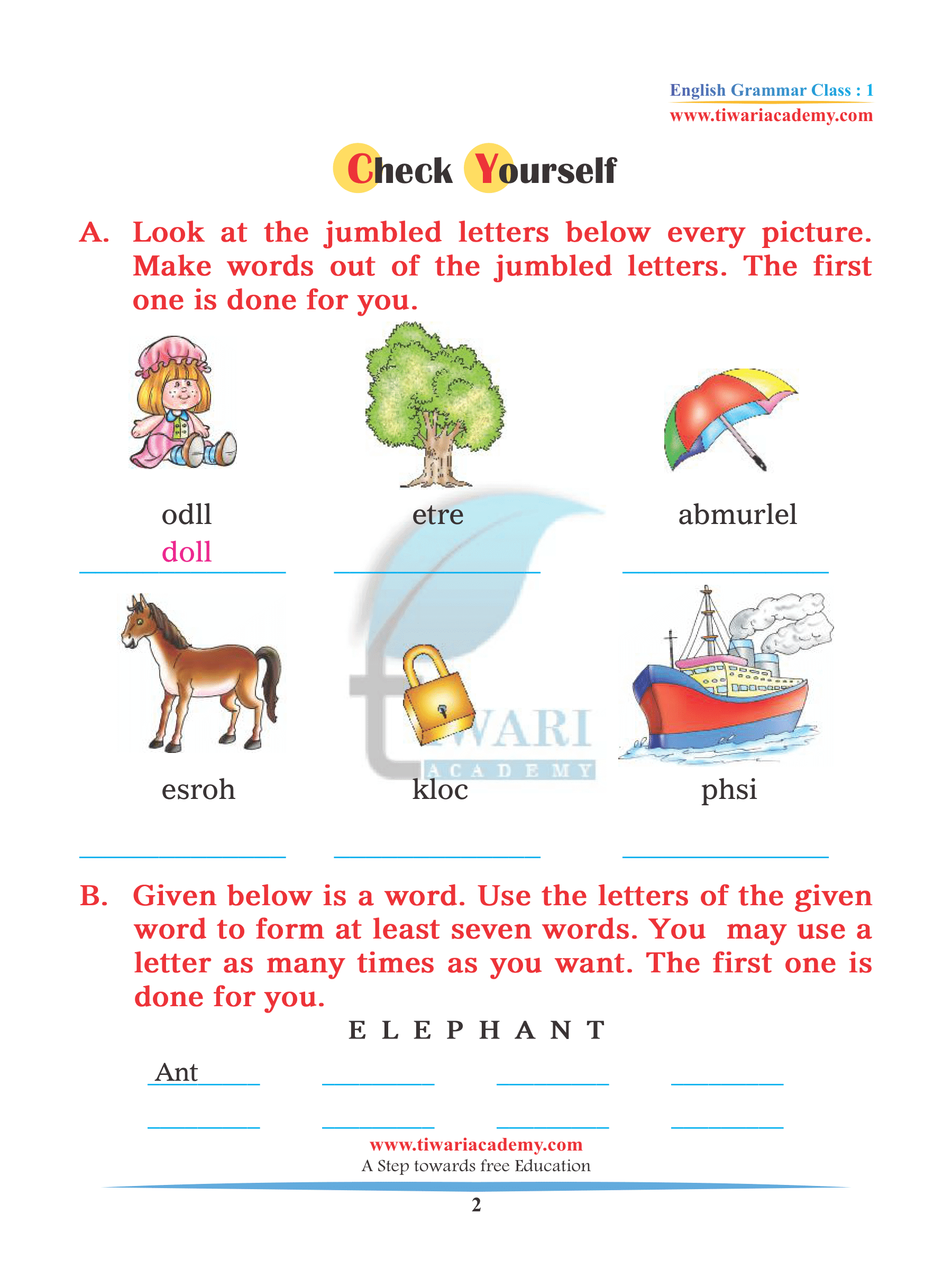 Assignment for grade 1 Grammar chapter 14