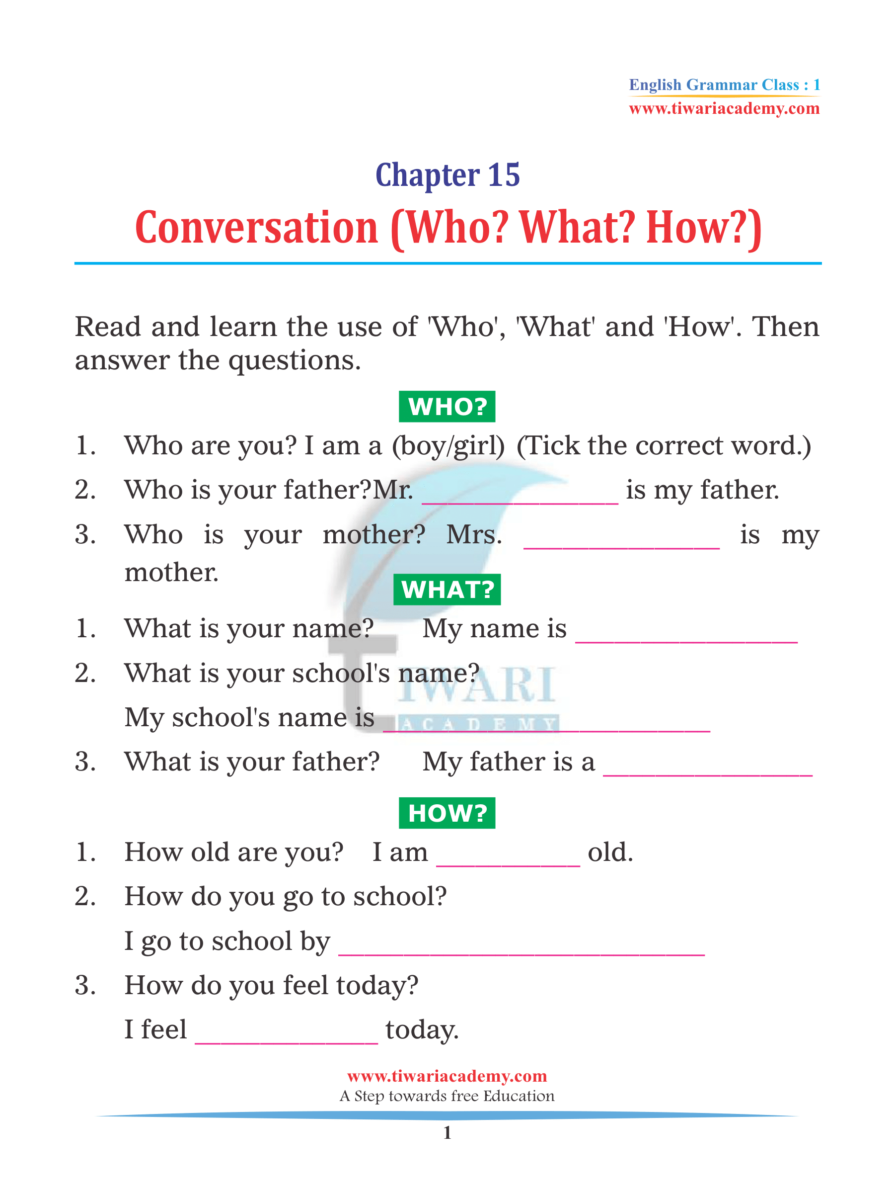 Conversation using the words Who, What, and How for grade 1 grammar