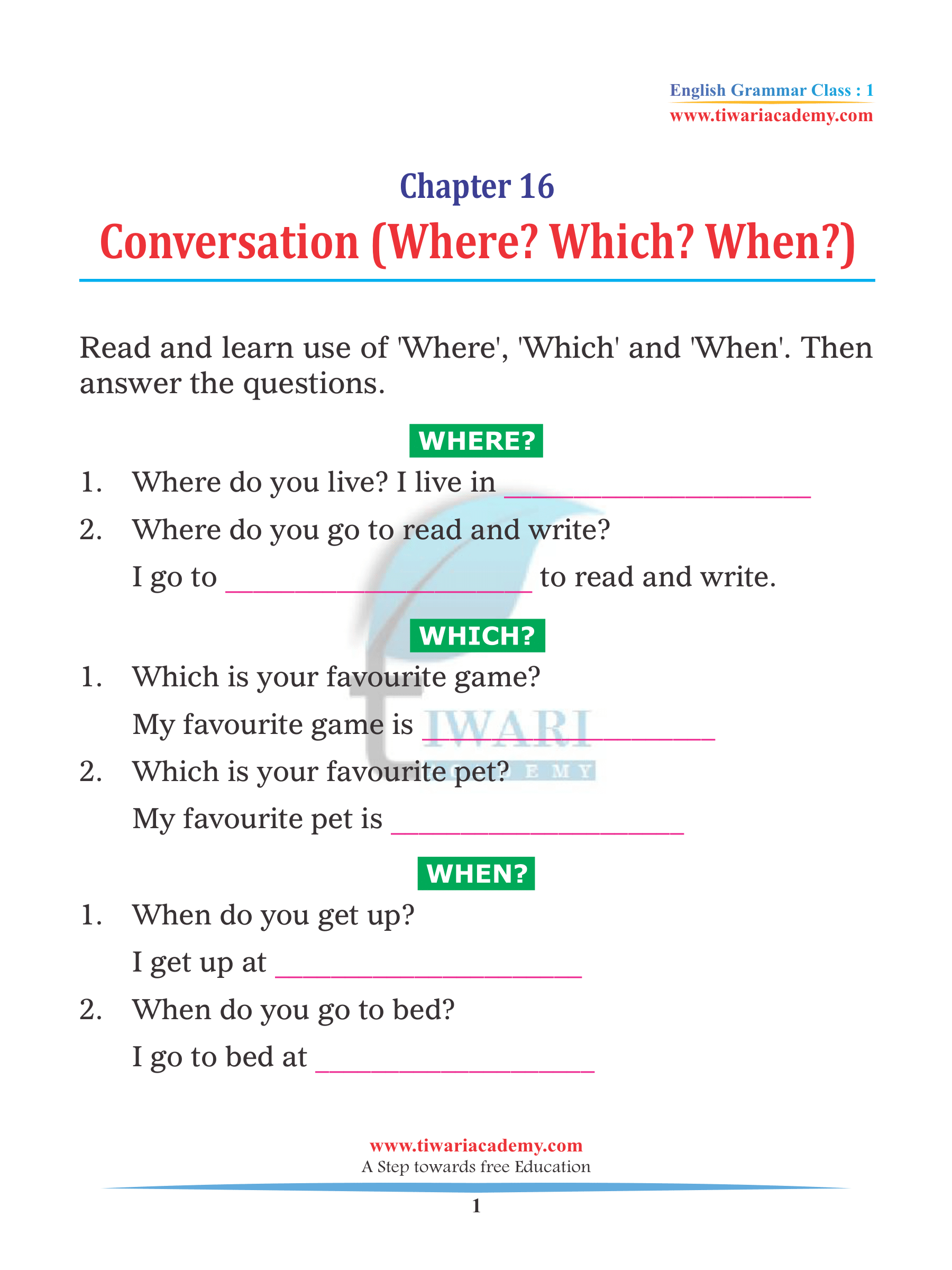 Conversation using Where, Which, and When for Class 1 English Grammar