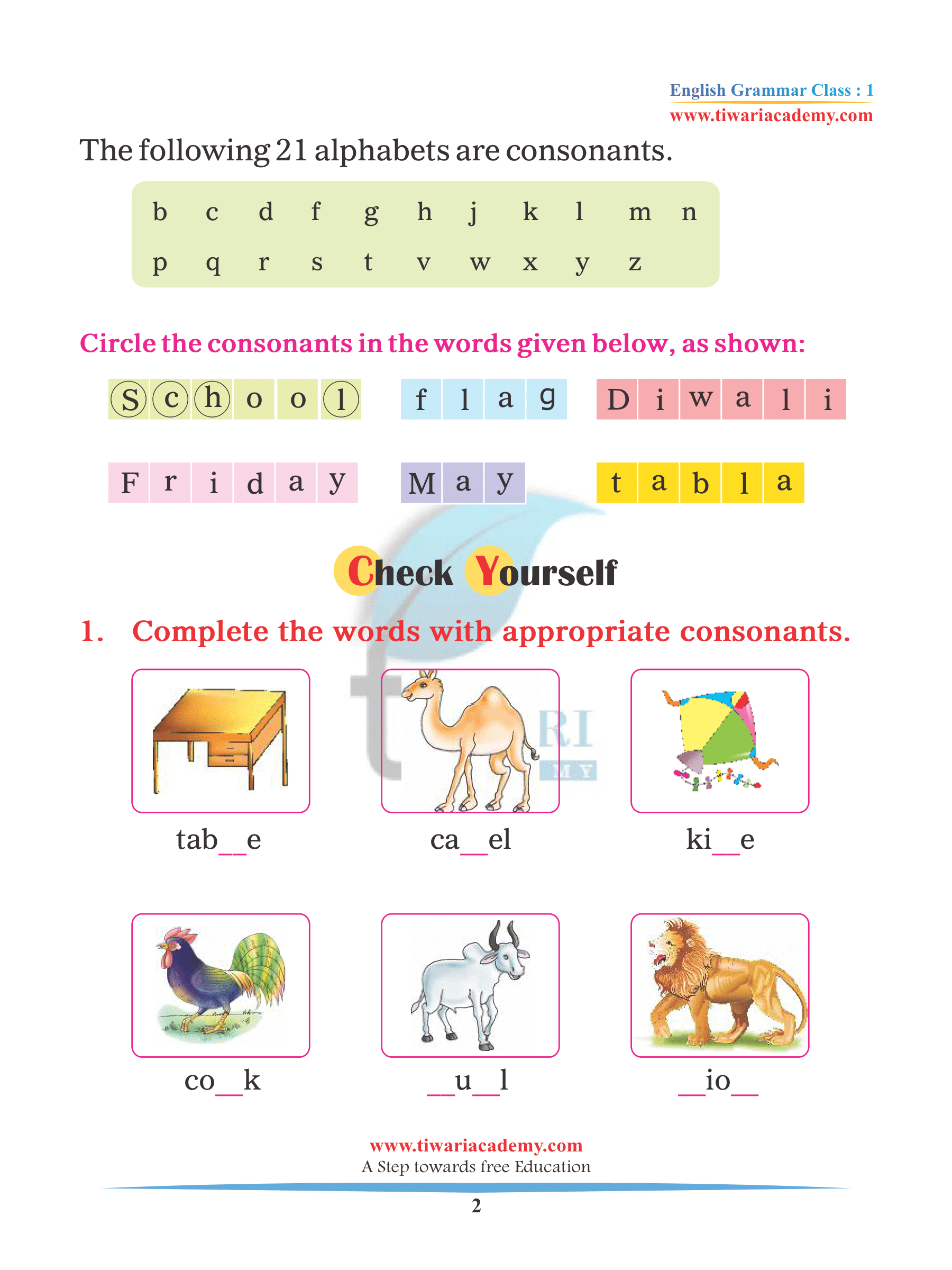 NCERT Solutions Class 1 English Grammar Chapter 2 Consonant and Vowel.