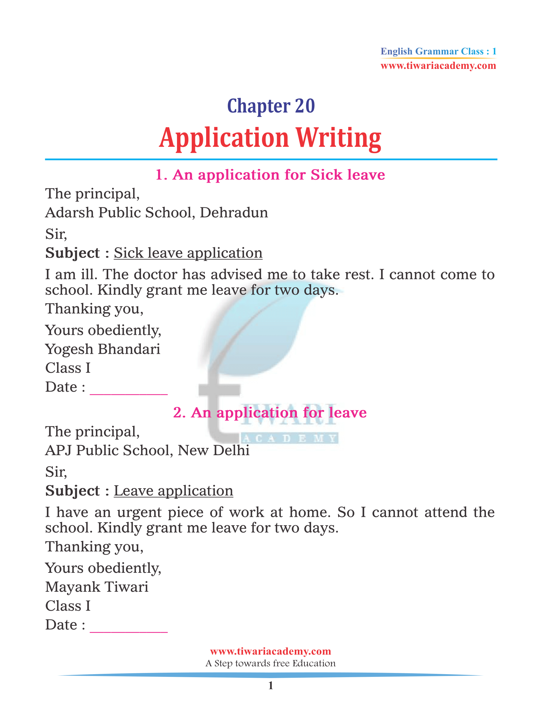 Application Writing for Class 1 English Grammar