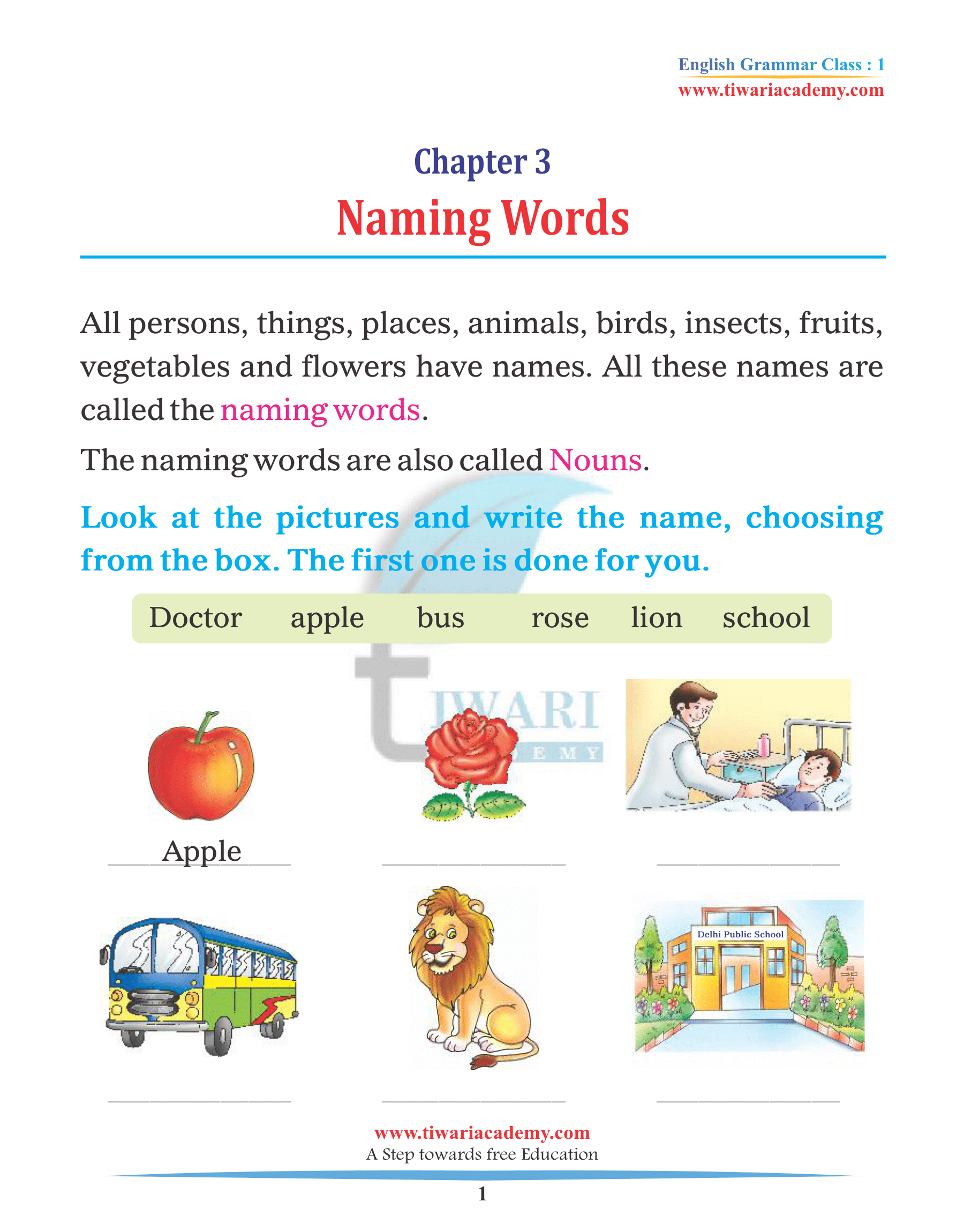 Class 1 English Grammar Chapter 3 Naming Words, types of Noun Examples