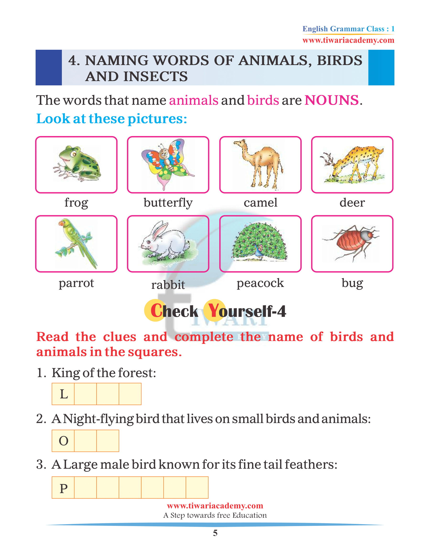 Grade 1 Grammar topic Naming Words or Noun