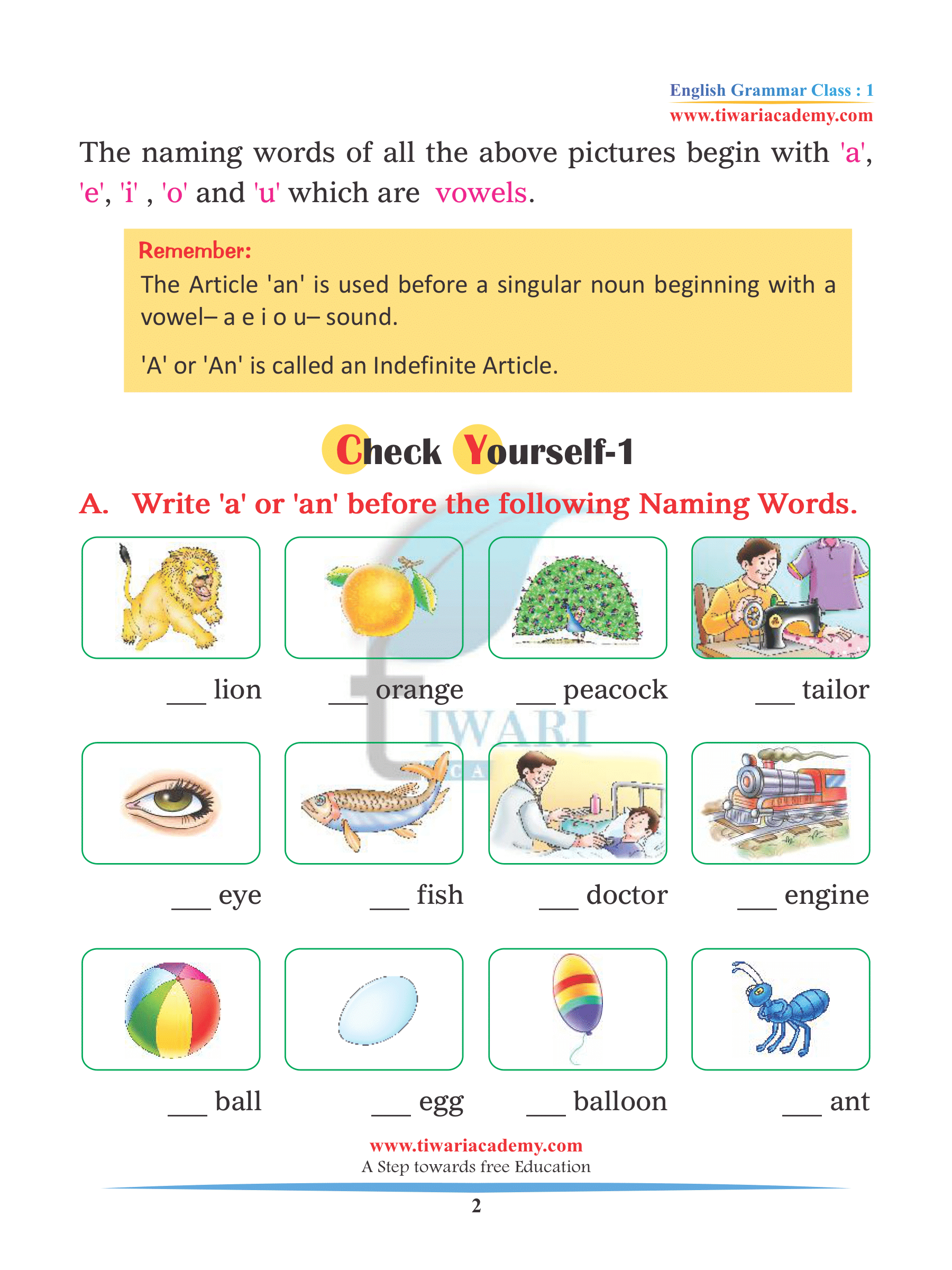 Class 1 Grammar Articles A, An and The