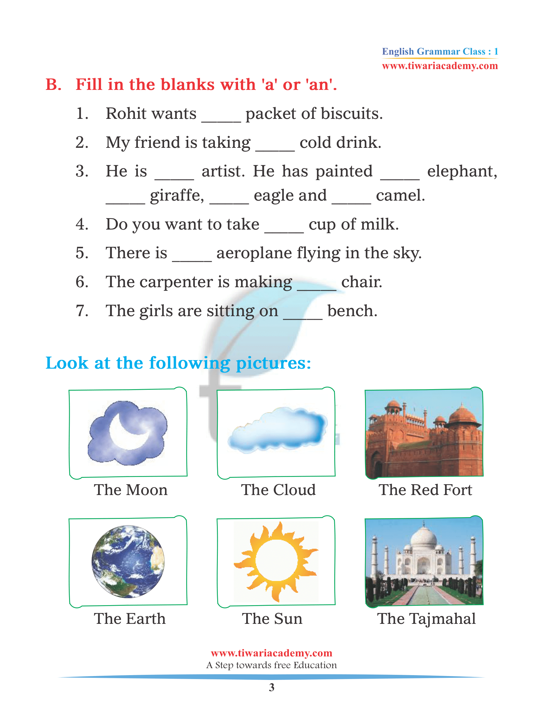 English Grammar for Class 1 Articles A, An and The
