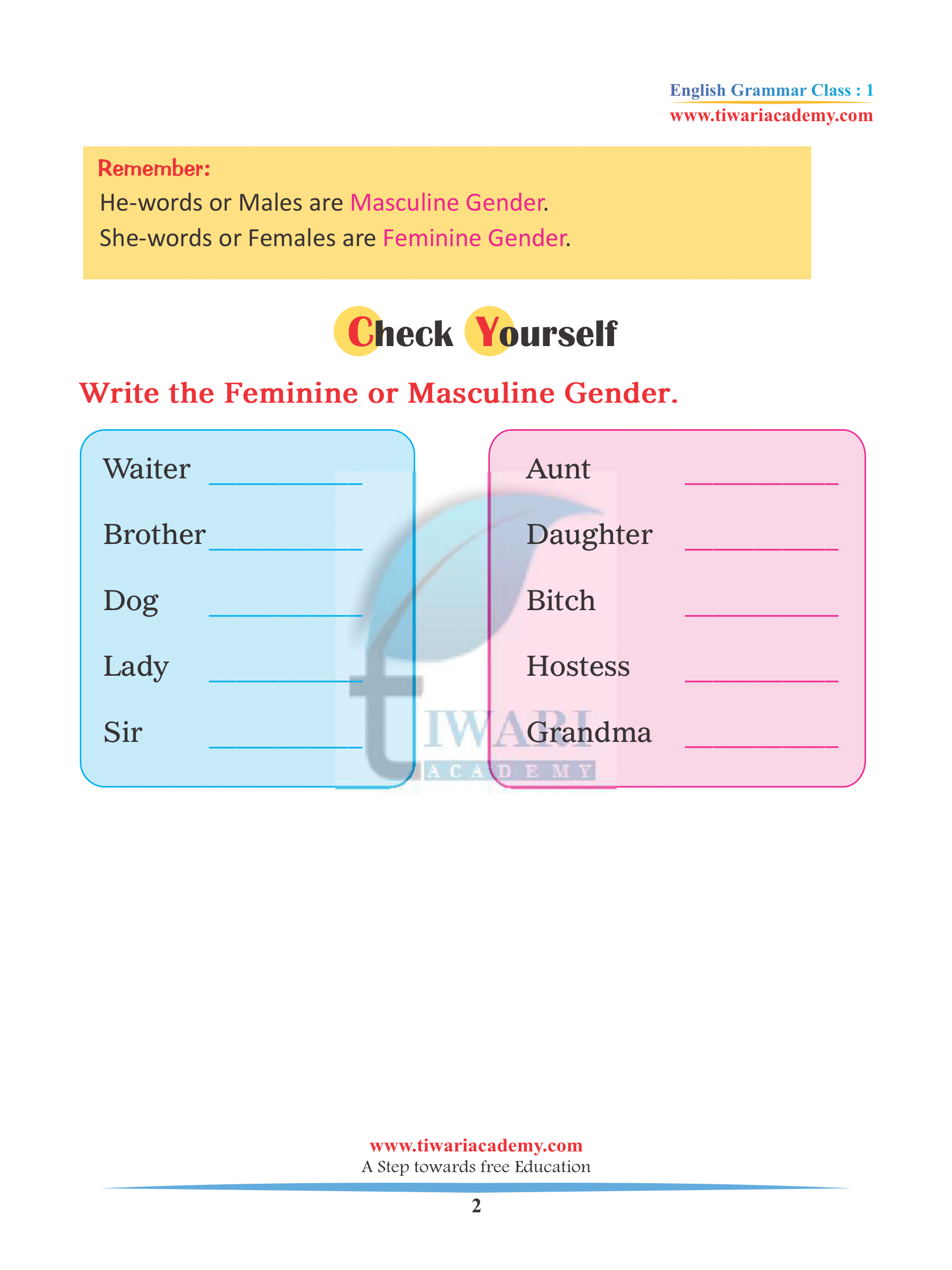 Class 1st English Grammar Noun Gender