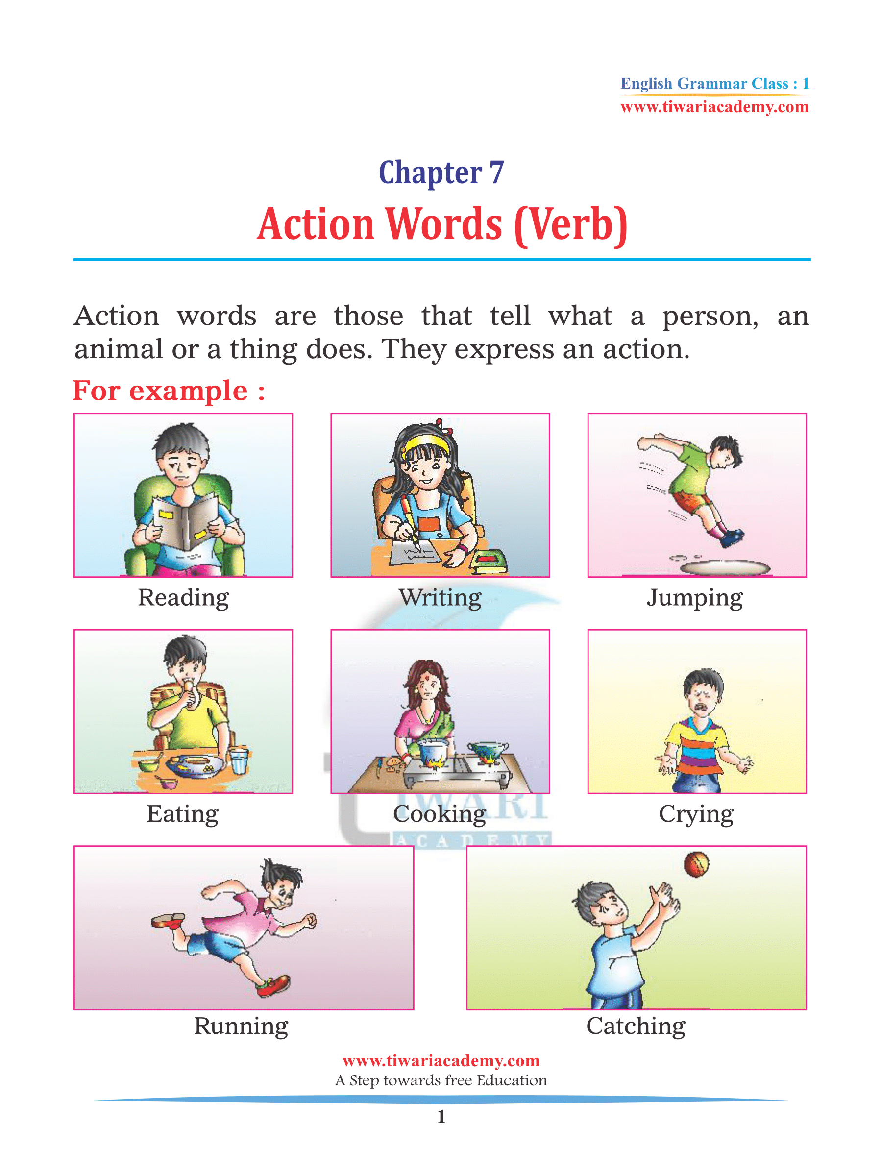 Verb or Action Words for grade 1