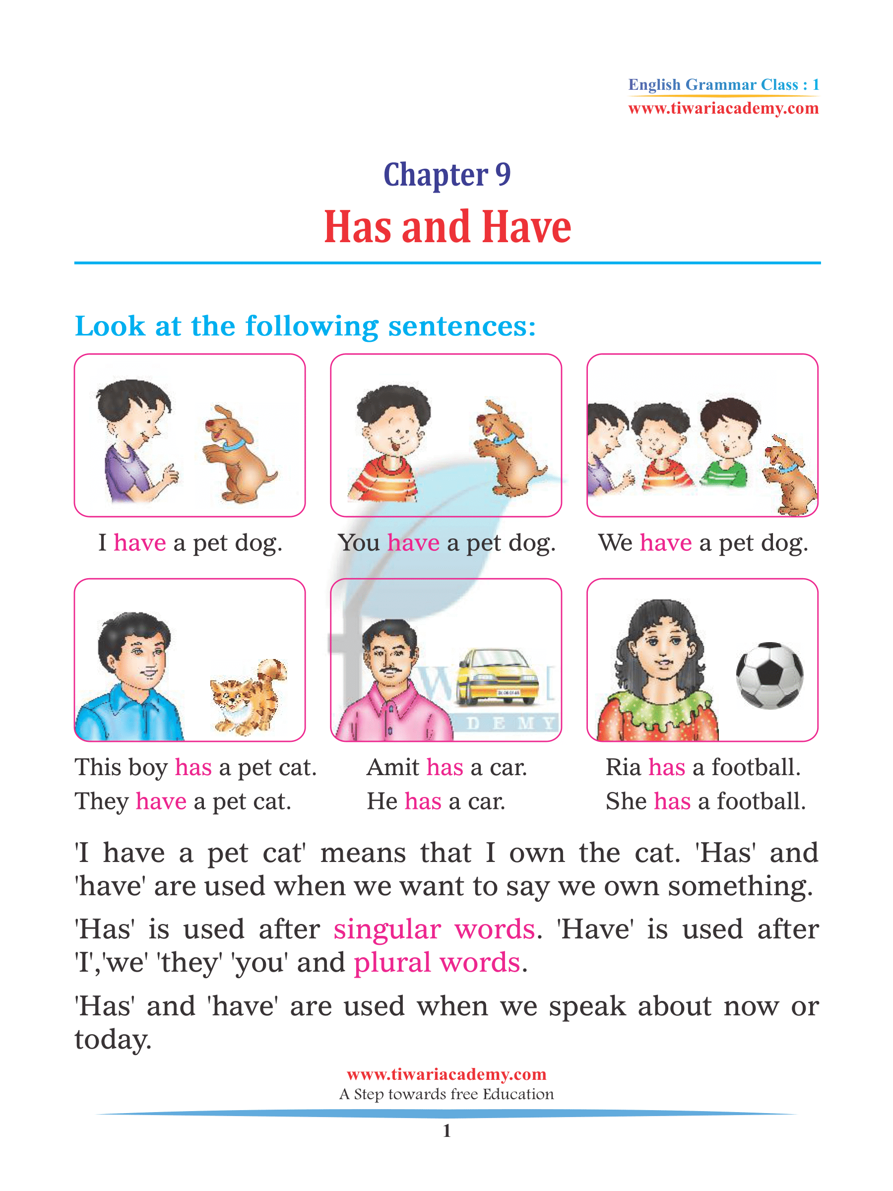Class 1 English Grammar use of Has and Have