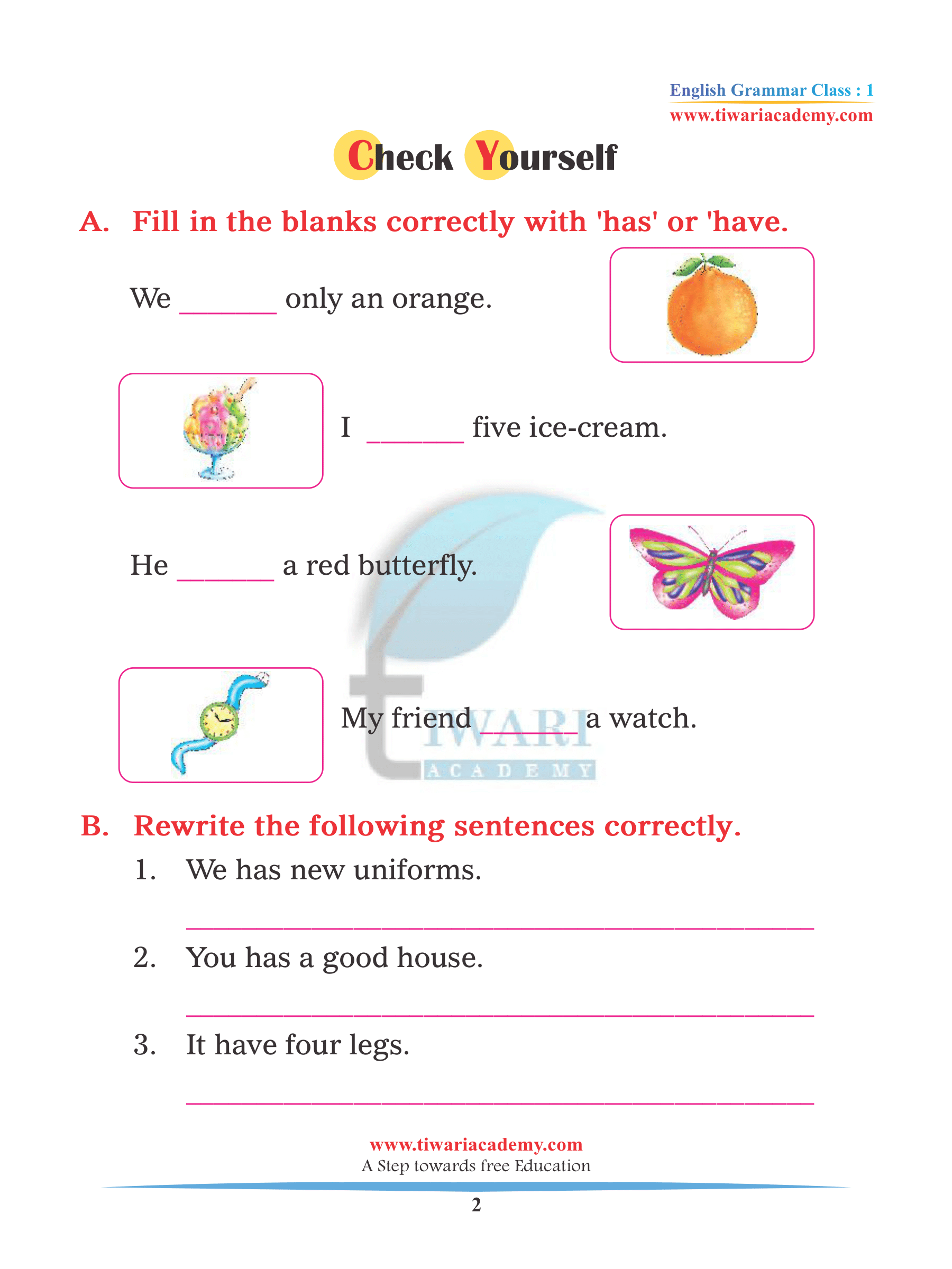 Assignment Class 1 English Grammar chpater 9