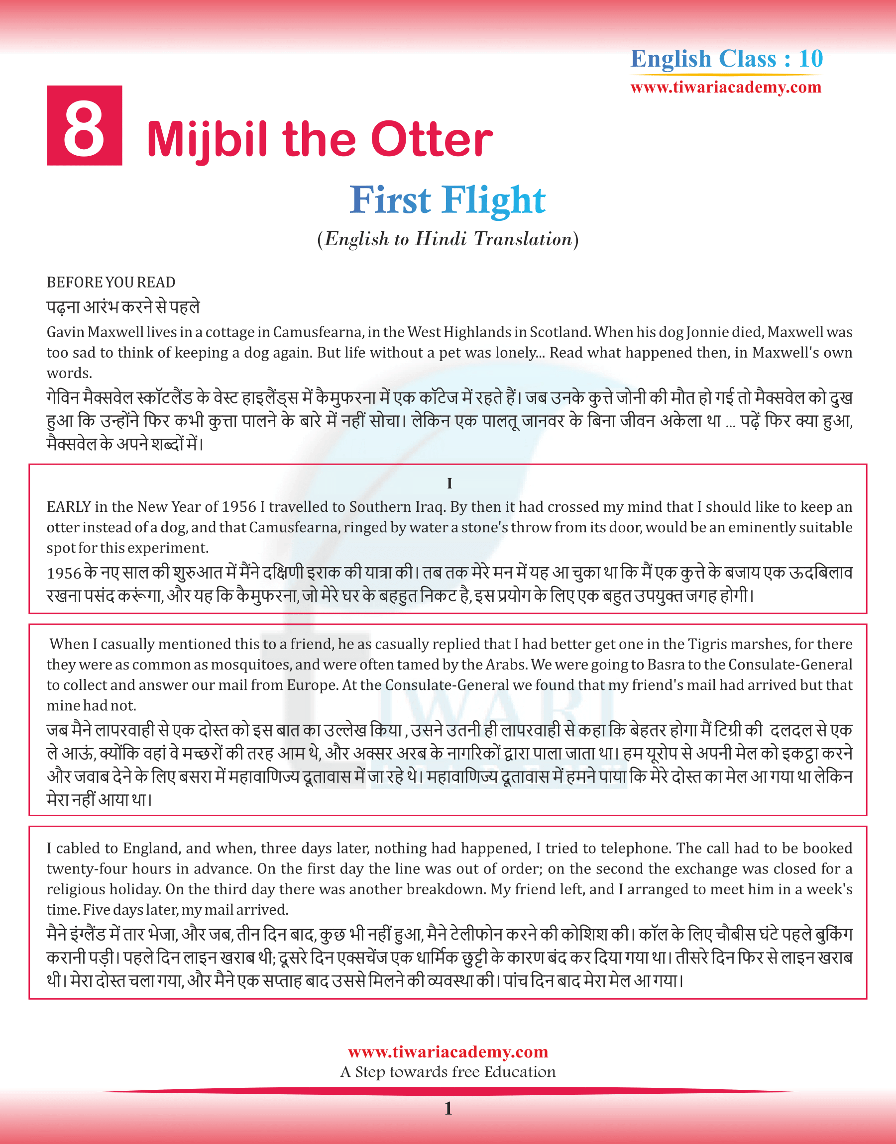 Class 10 English First Flight Chapter 8 Mijbil the Otter in Hindi Medium