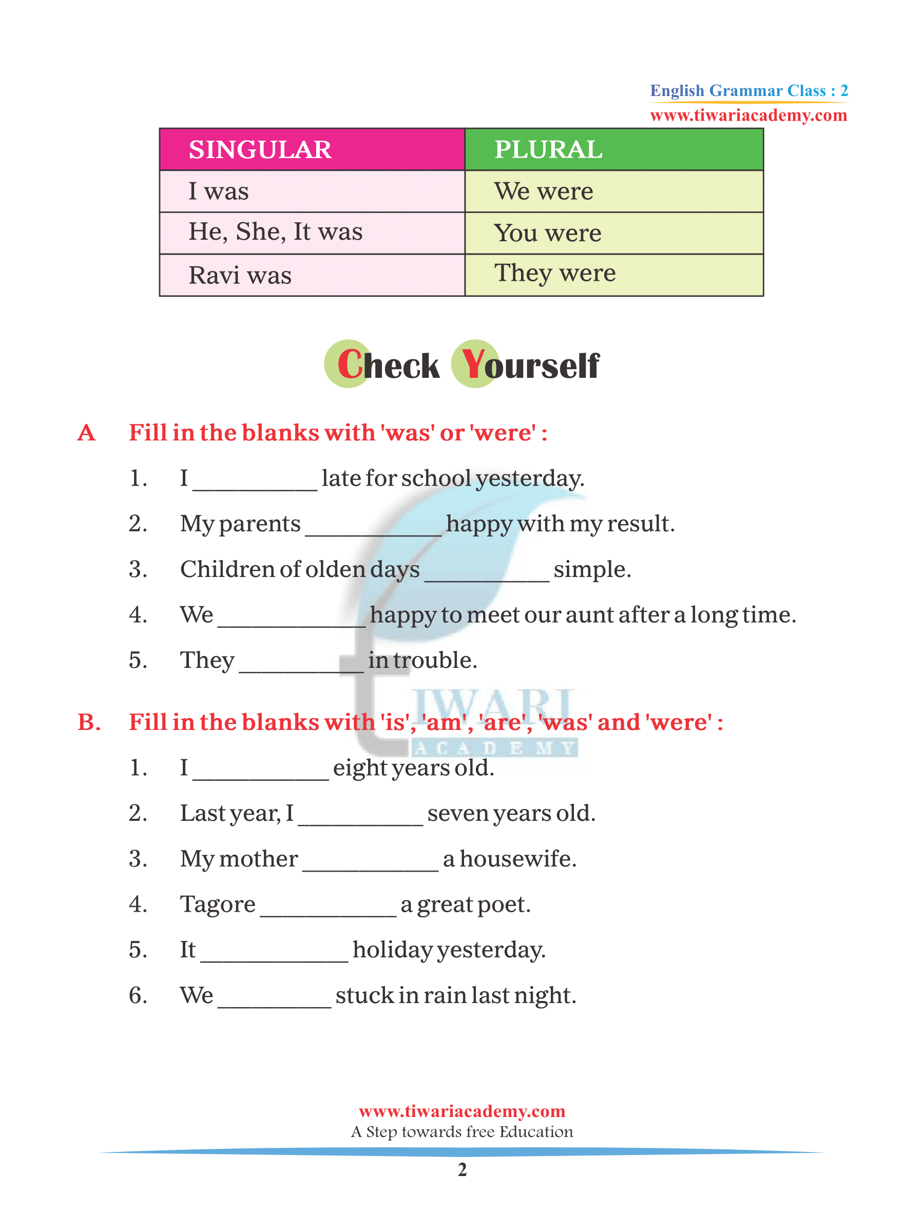 Class 2 English Grammar Chapter 11 was and were assignments