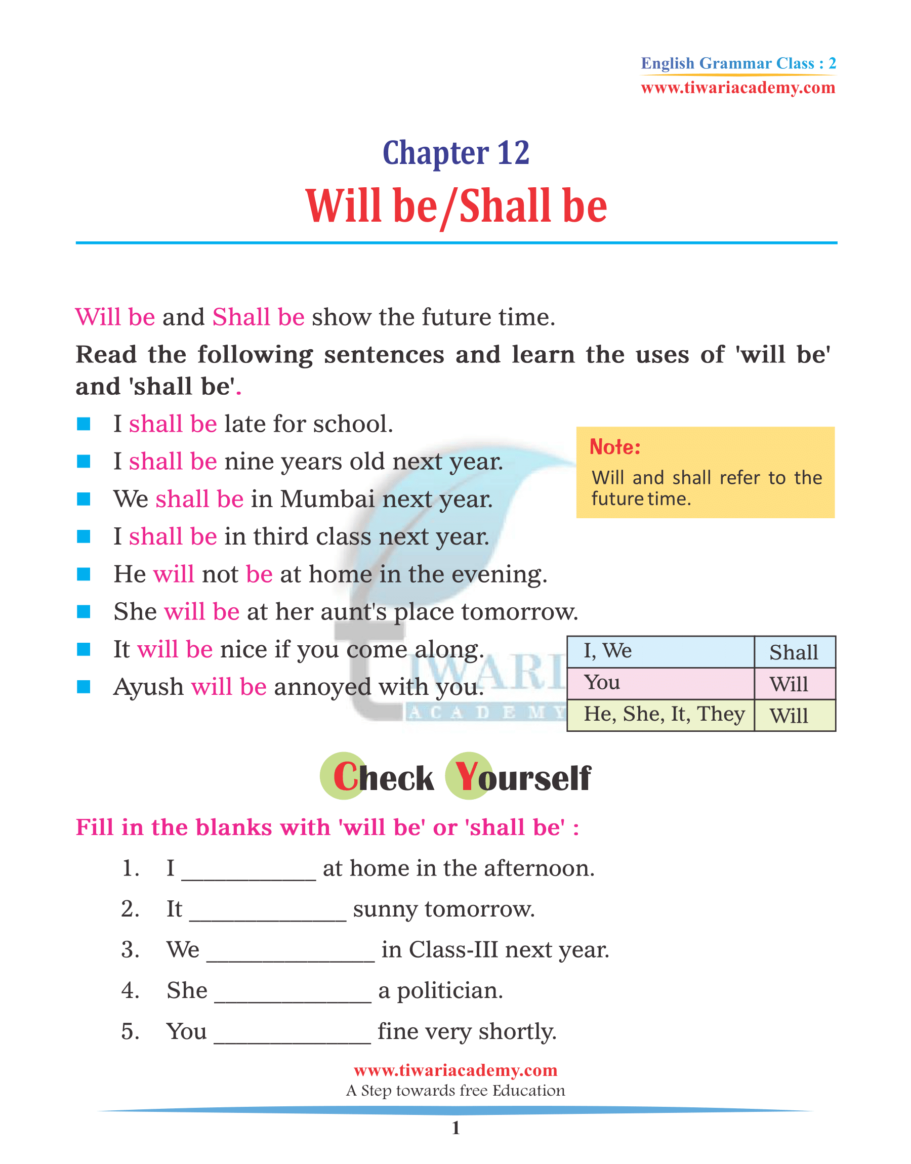 Class 2 English Grammar Chapter 12 Will be and Shall be