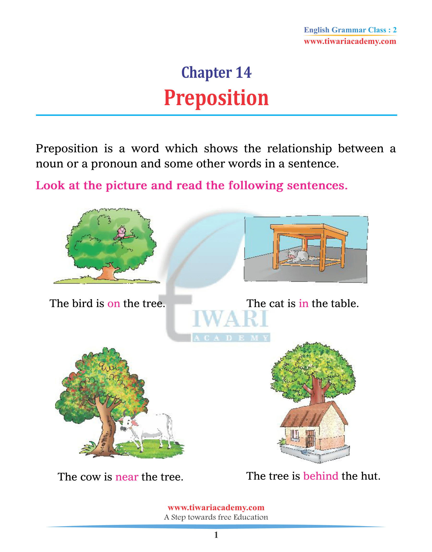 Class 2 English Grammar Chapter 14 Preposition uses