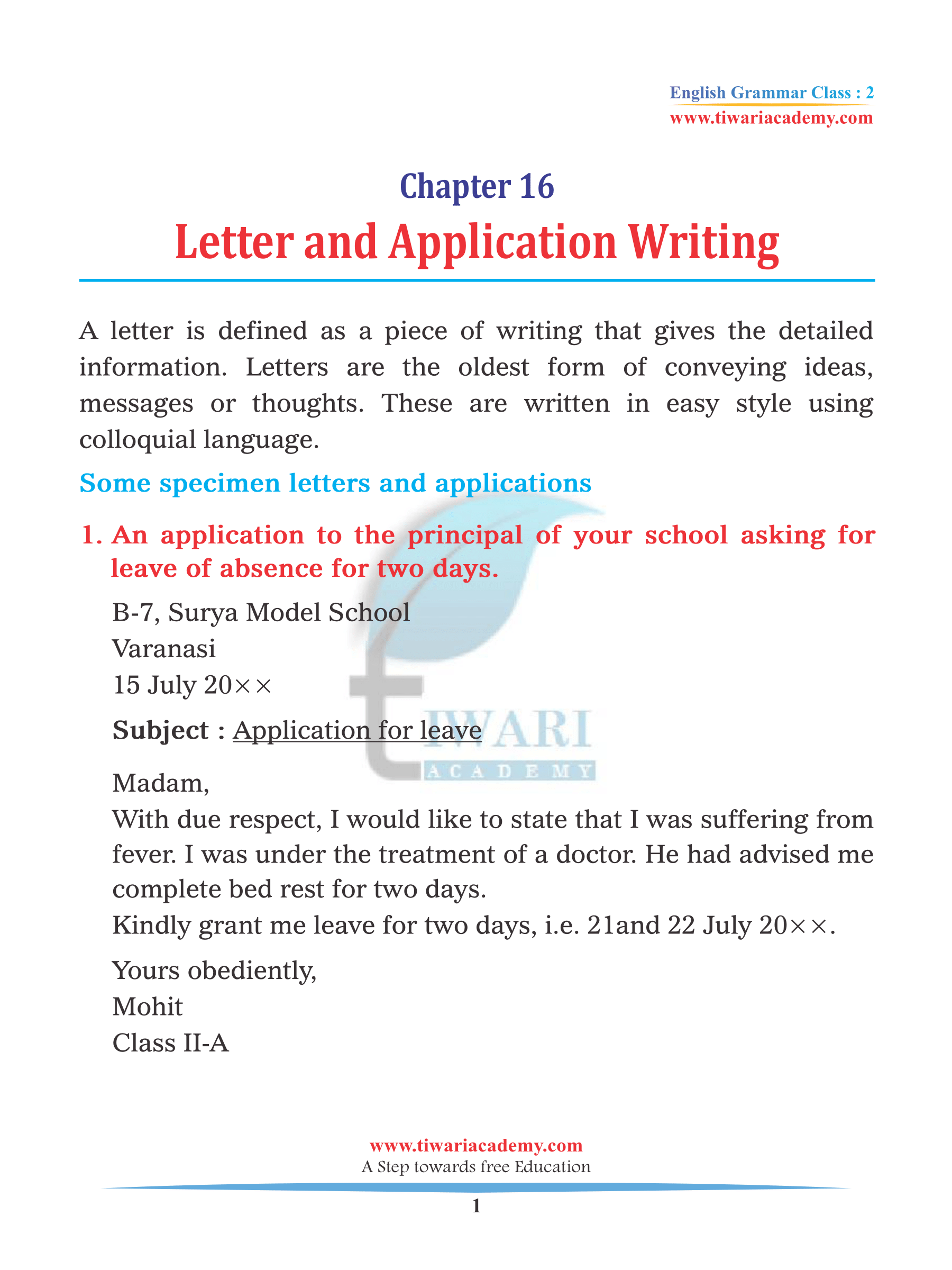 Class 2 English Grammar Chapter 16 Letter and Application assignments