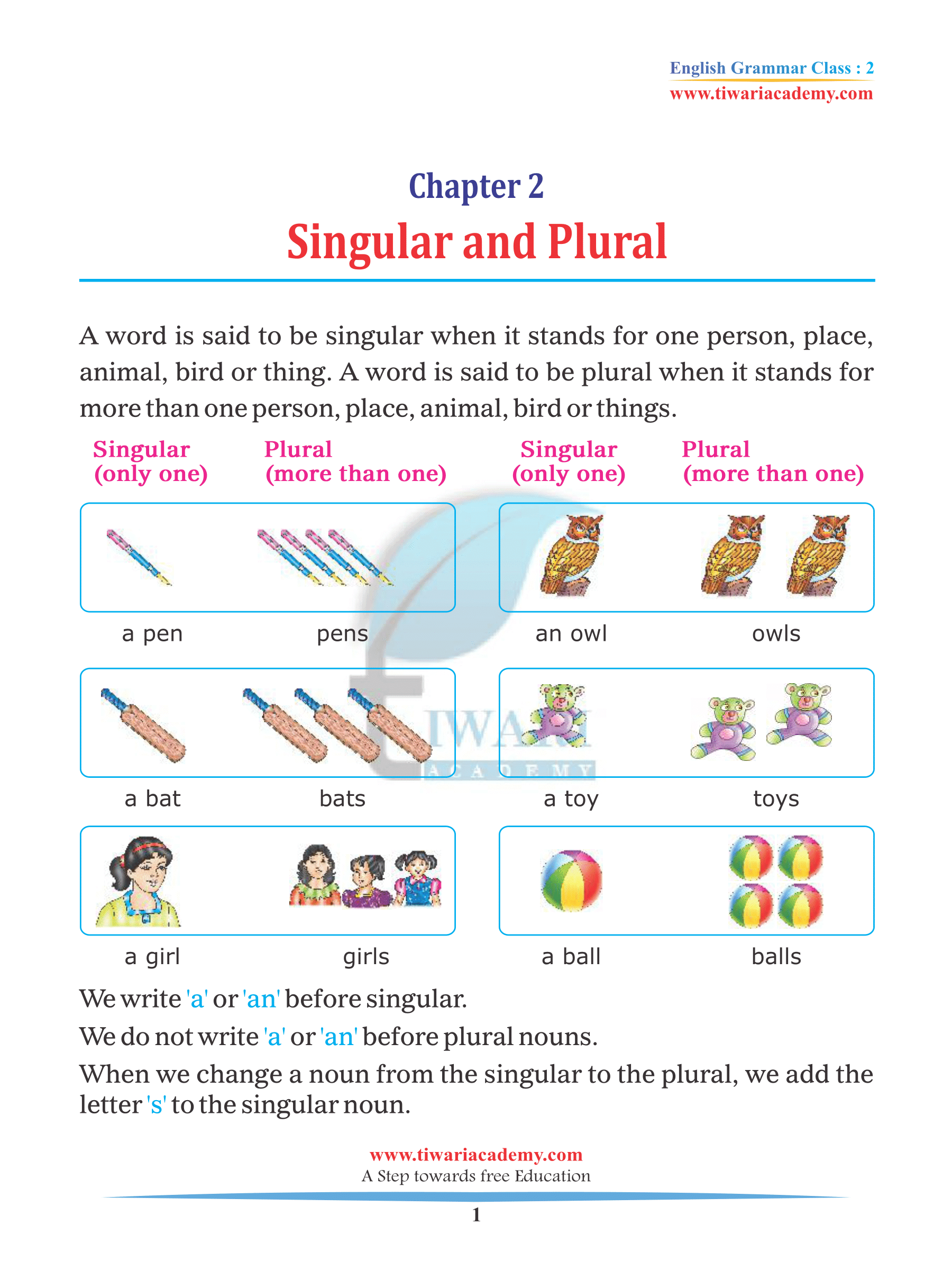 Class 2 English Grammar Chapter 2 Singular and Plural and Assignments. Class 2 English Grammar Chapter 2 Singular and Plural and Assignments.