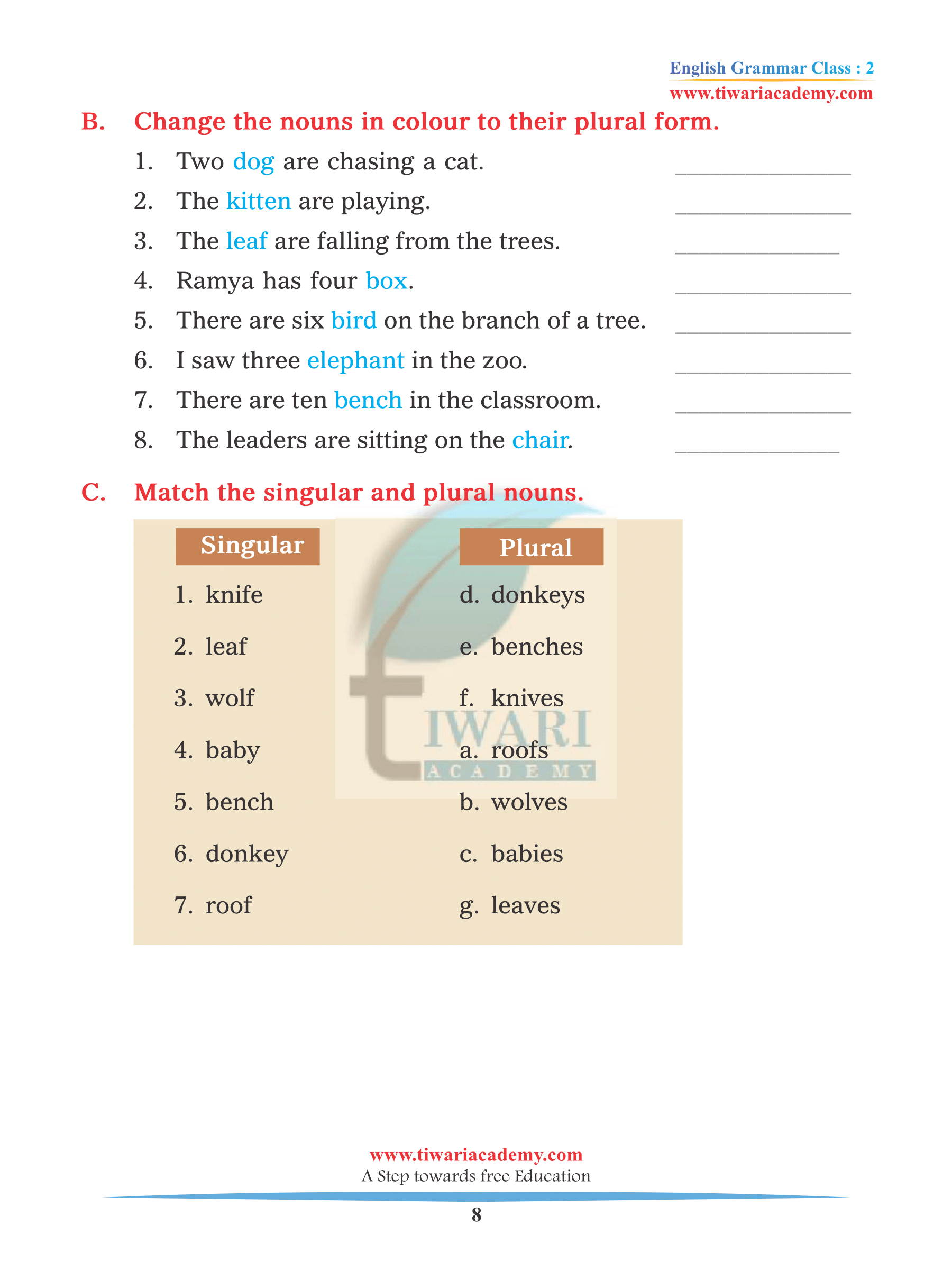 Class 2 English Grammar Chapter 2 Singular and Plural Worksheets