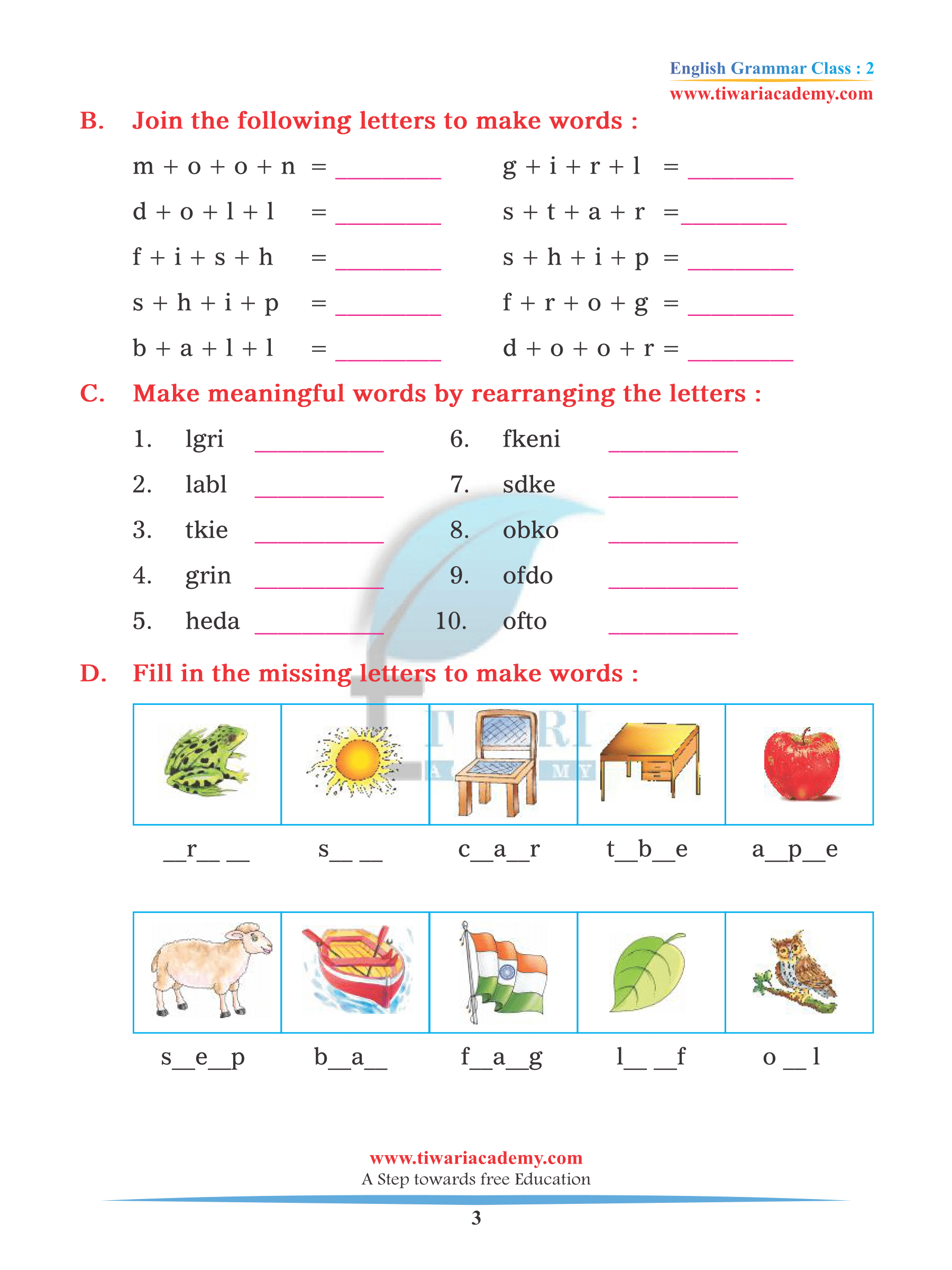 Class 2 English Grammar Chapter 3 Words Assignments