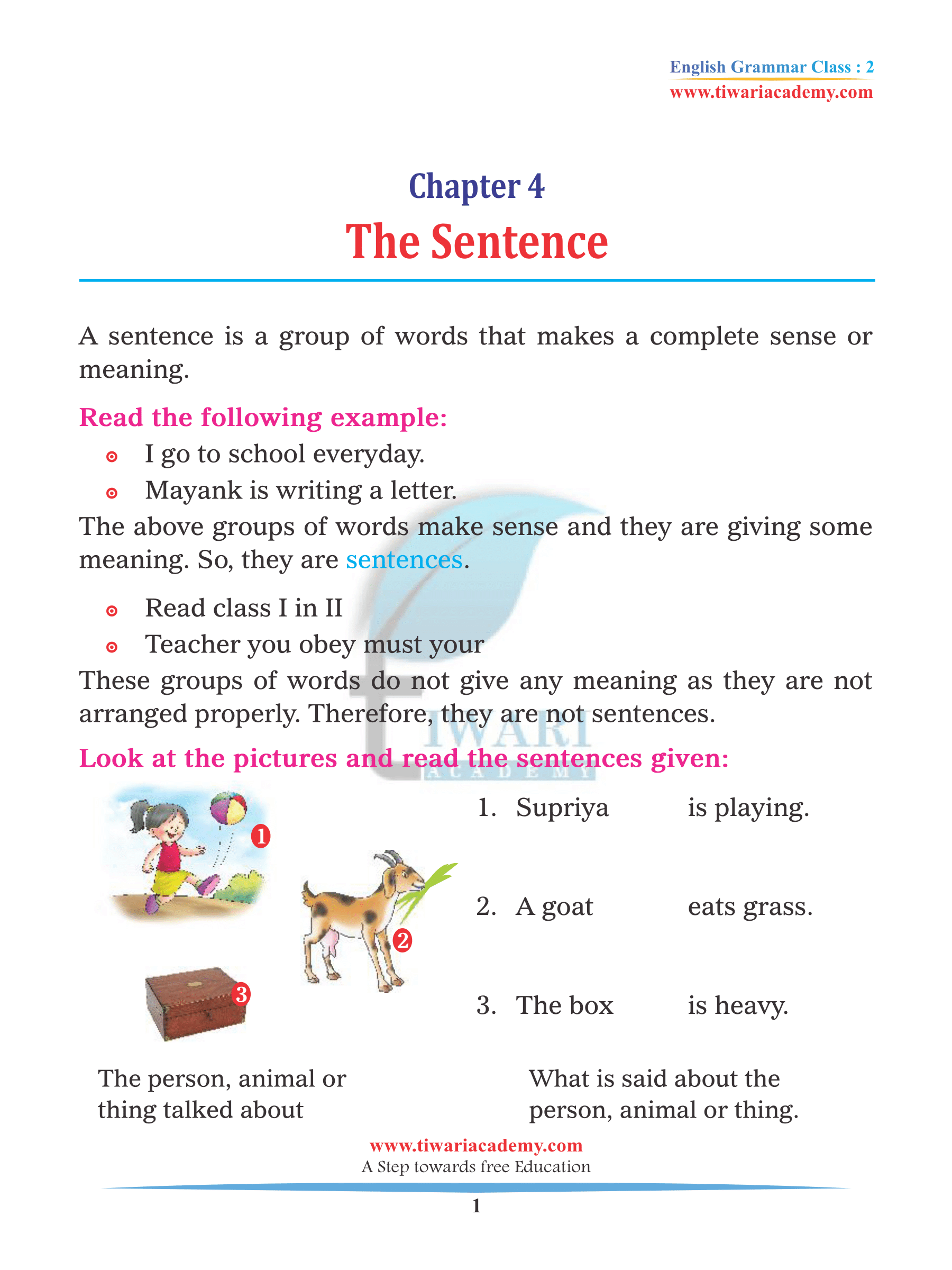 Class 2 English Grammar Chapter 4 the Sentence Making (PDF Download).
