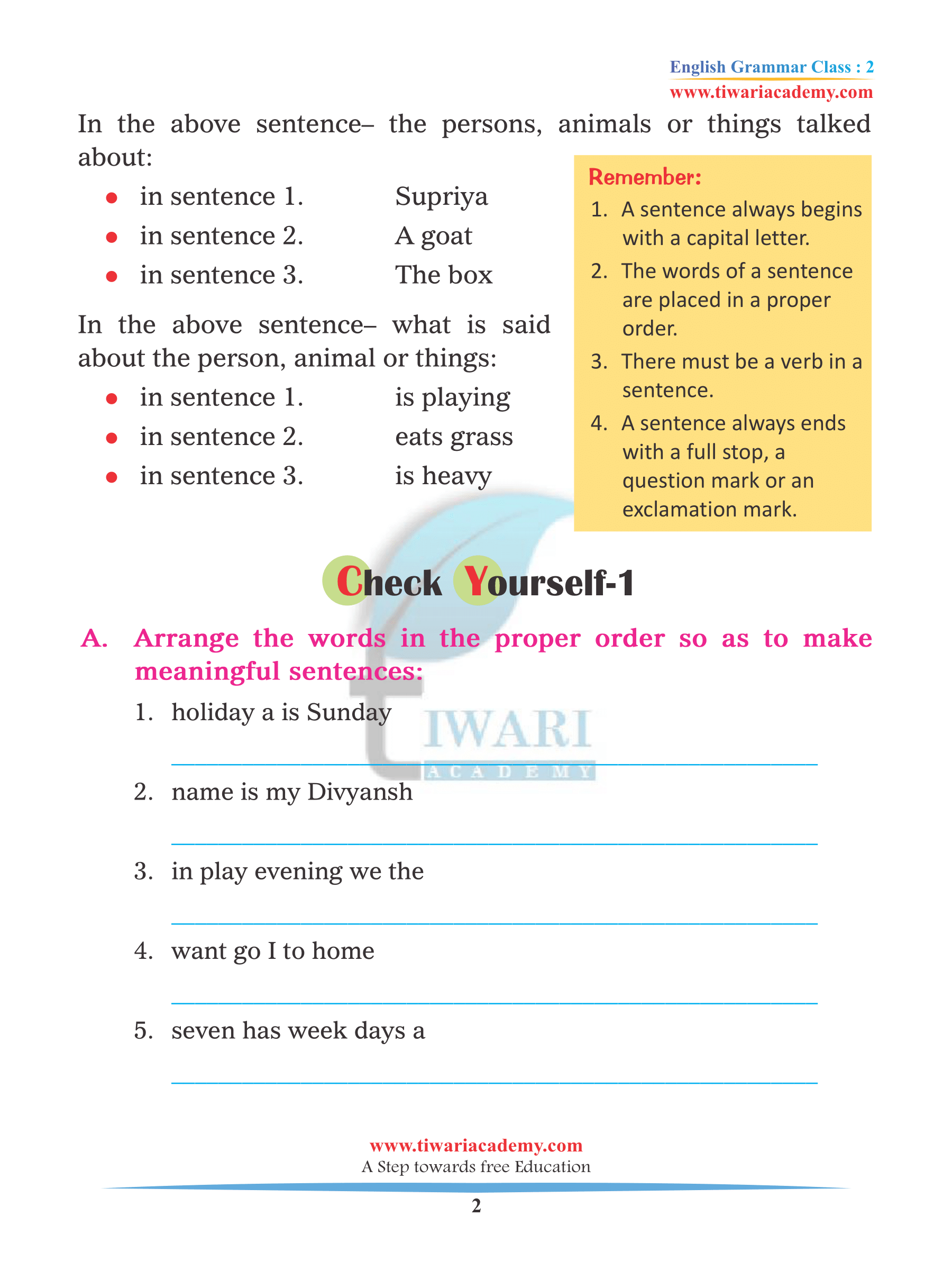 Class 2 English Grammar Chapter 4 the Sentence Making (PDF Download).