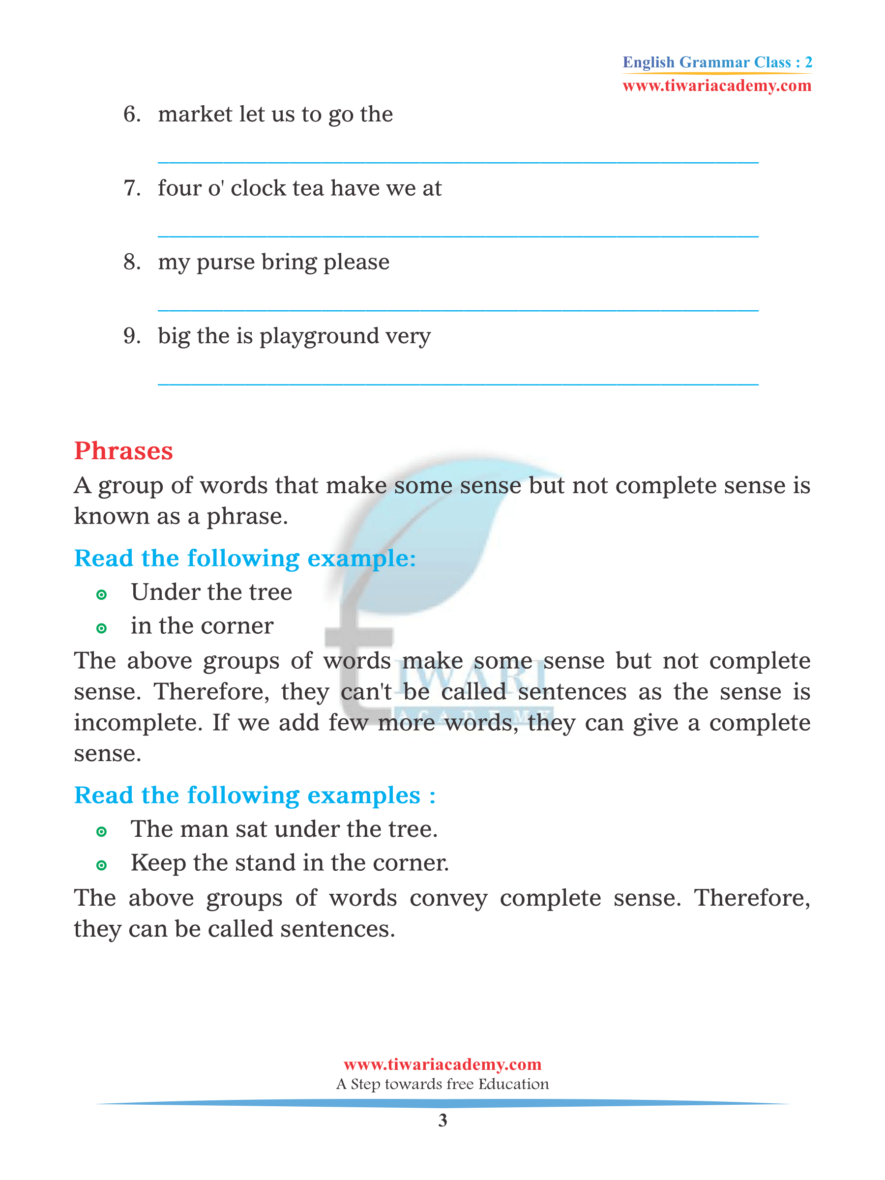 Sentence and Phrase practice in Grade 2 Grammar