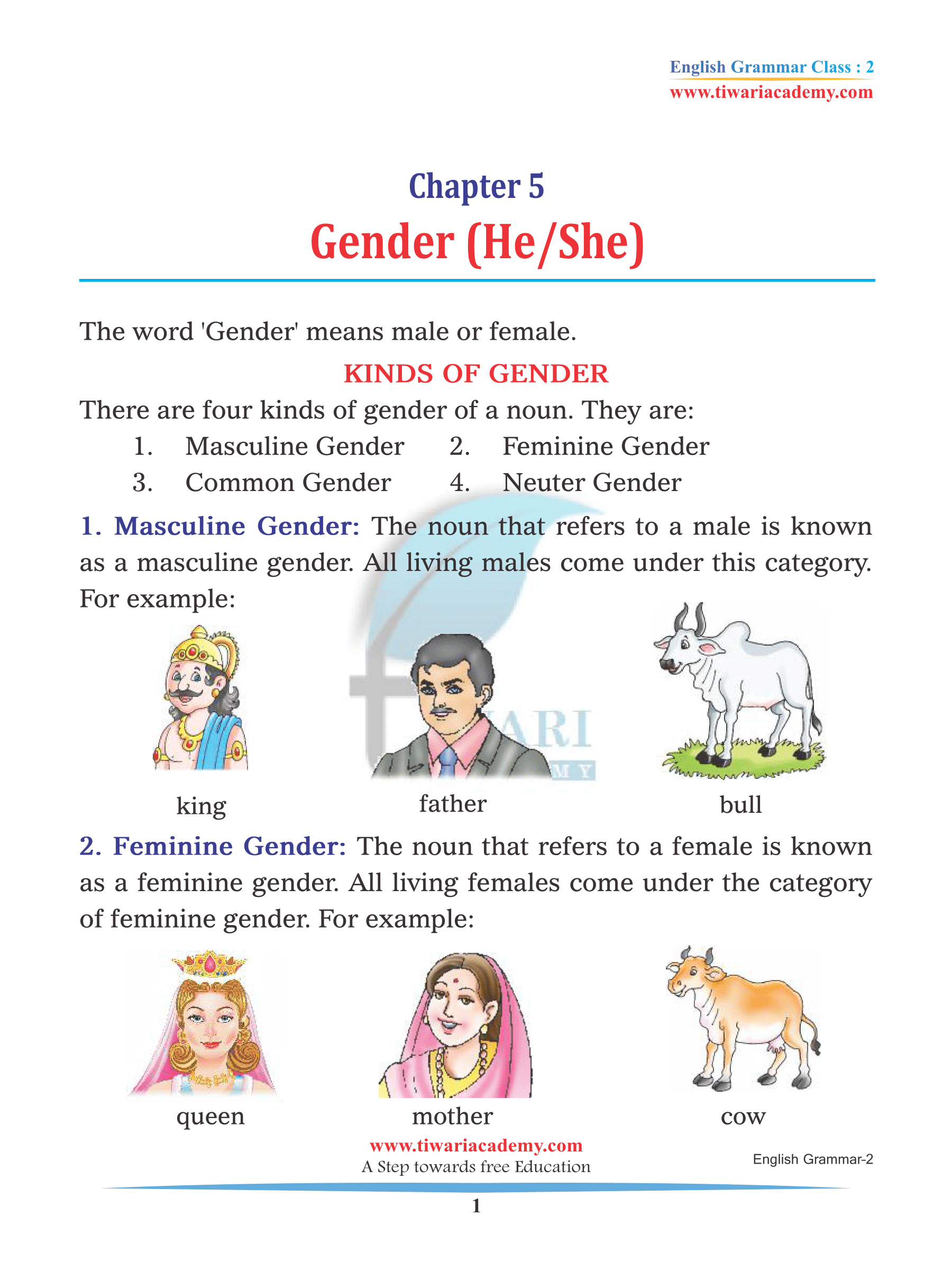 Class 2 English Grammar Chapter 5 Gender and its four kinds PDF.