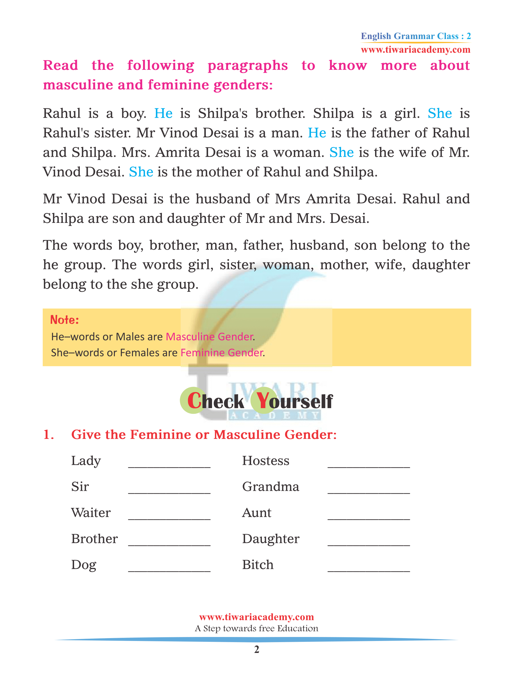 Class 2 English Grammar Chapter 5 Gender and its four kinds PDF.
