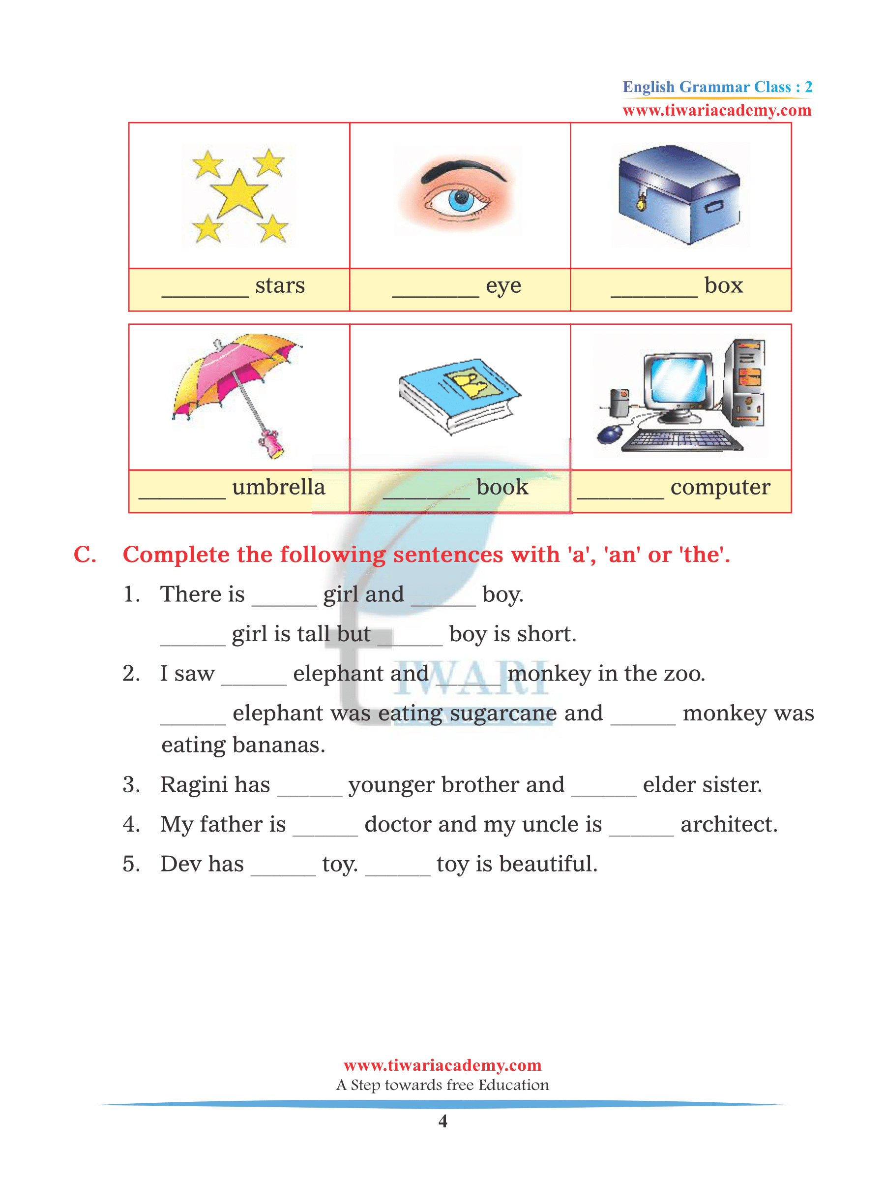 Class 2 English Grammar Chapter 8 Articles worksheets