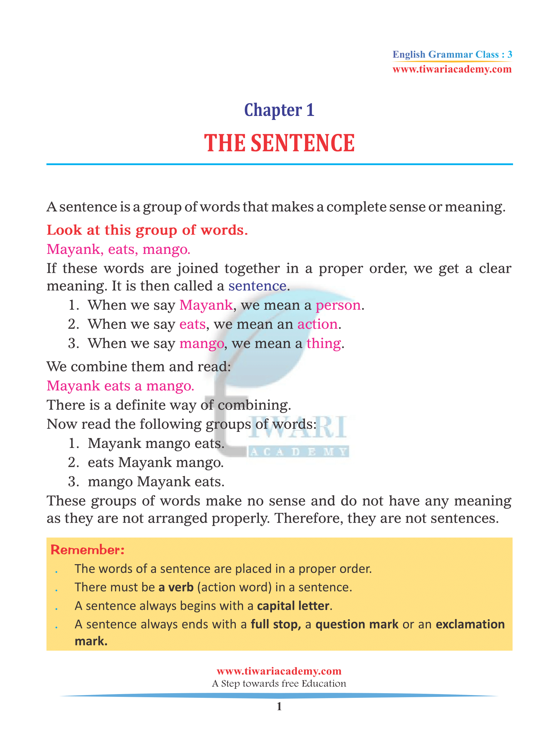 3rd English Grammar Chapter 1 The Sentence