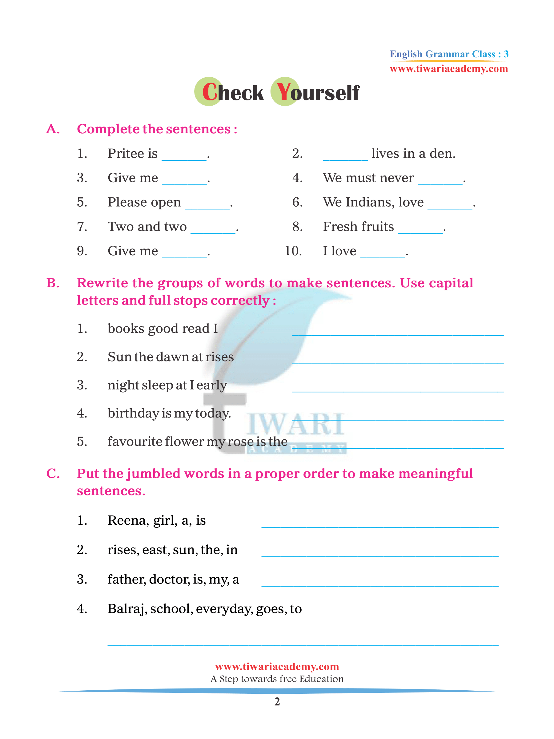 english grammar assignment for class 3