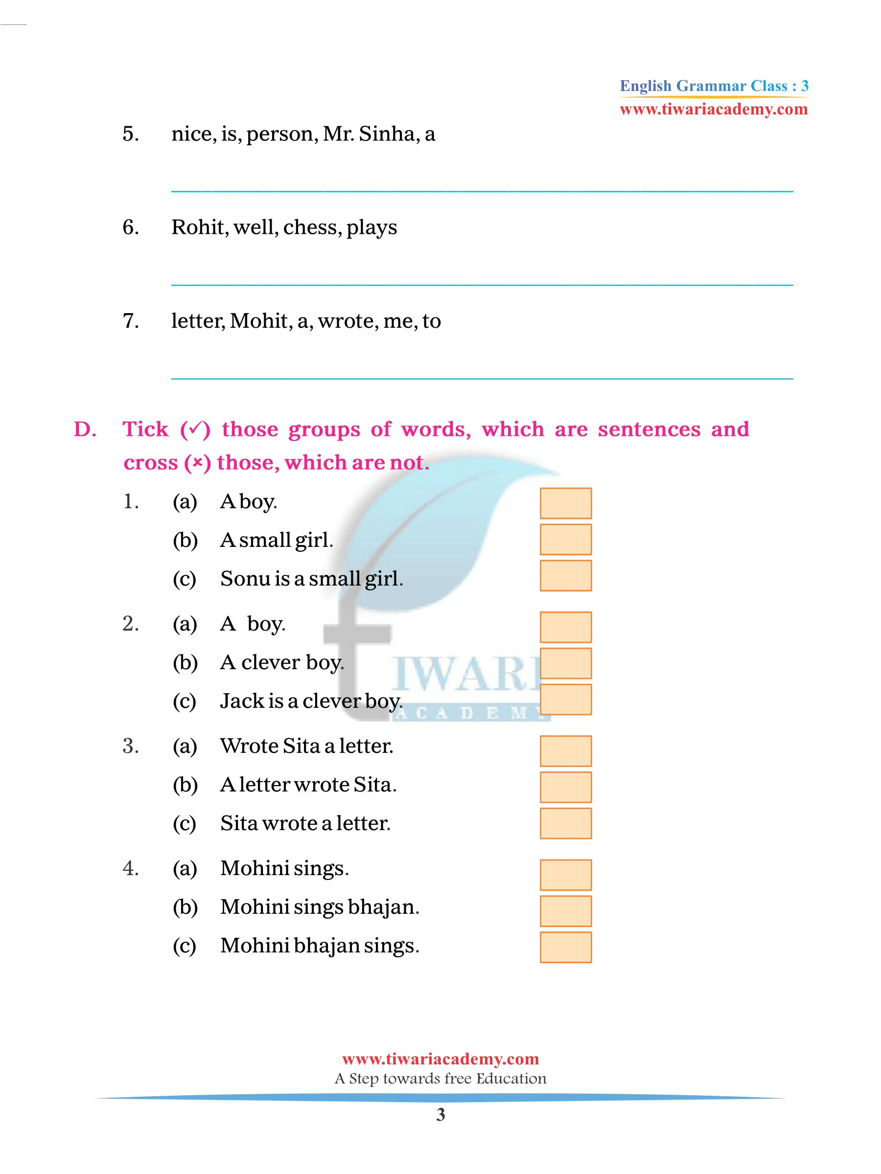 Class 3 Grammar Chapter 1 The Sentence