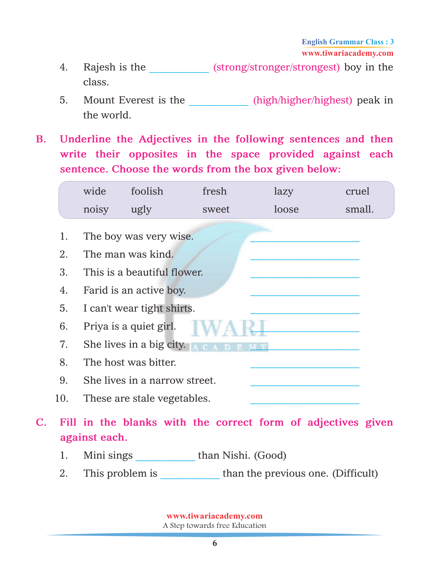 Class 3 English Grammar Chapter 16 Adjective And Its Uses In Sentence