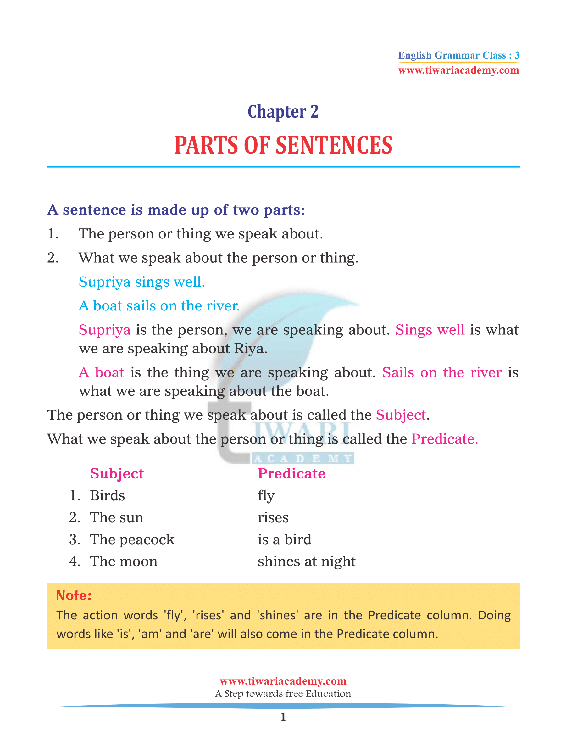 Class 3 English Grammar Chapter 2 Parts Of Sentences For 22 23