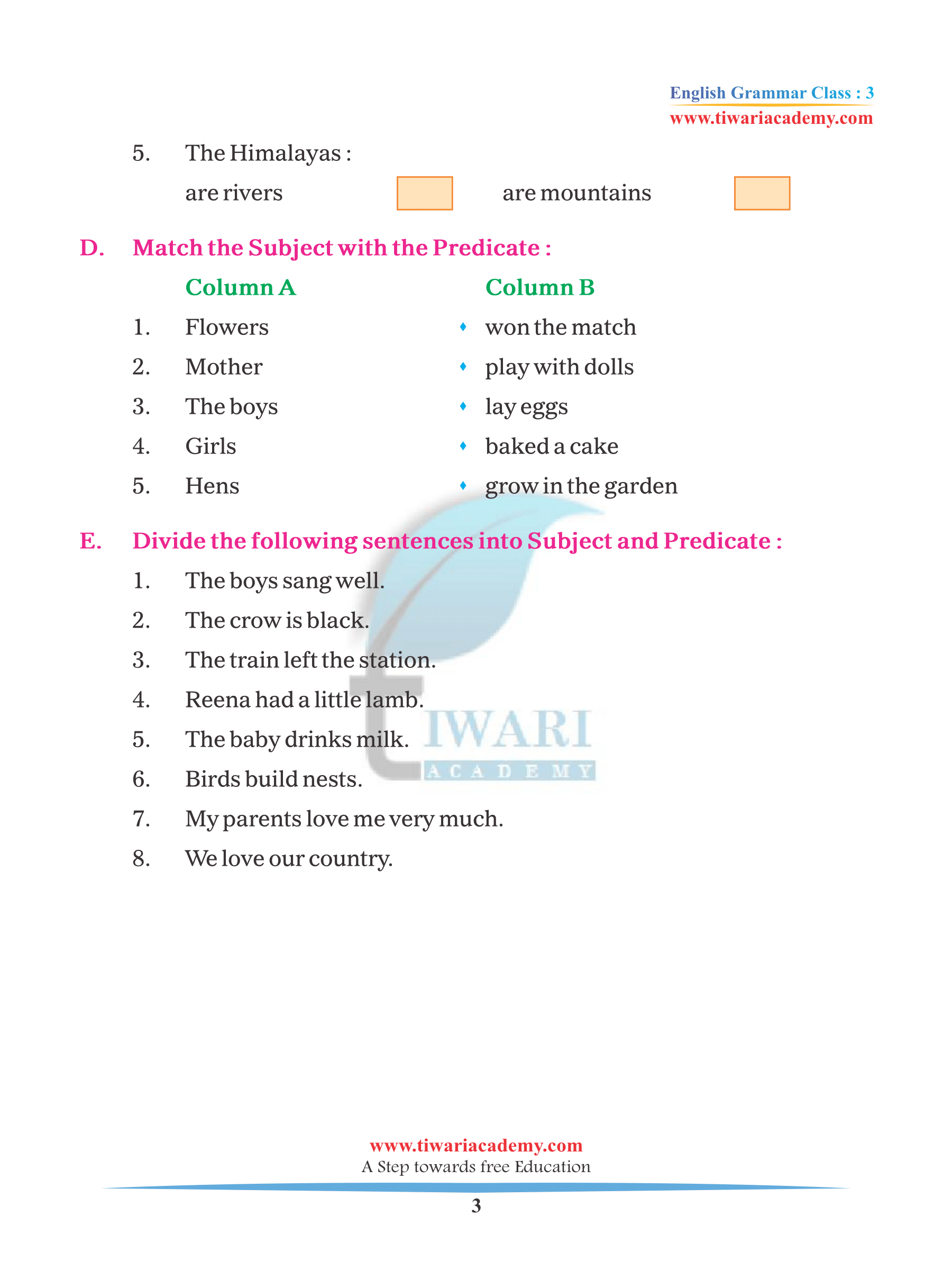 Class 3 English Grammar Chapter 2 Parts of Sentences (For 202324).