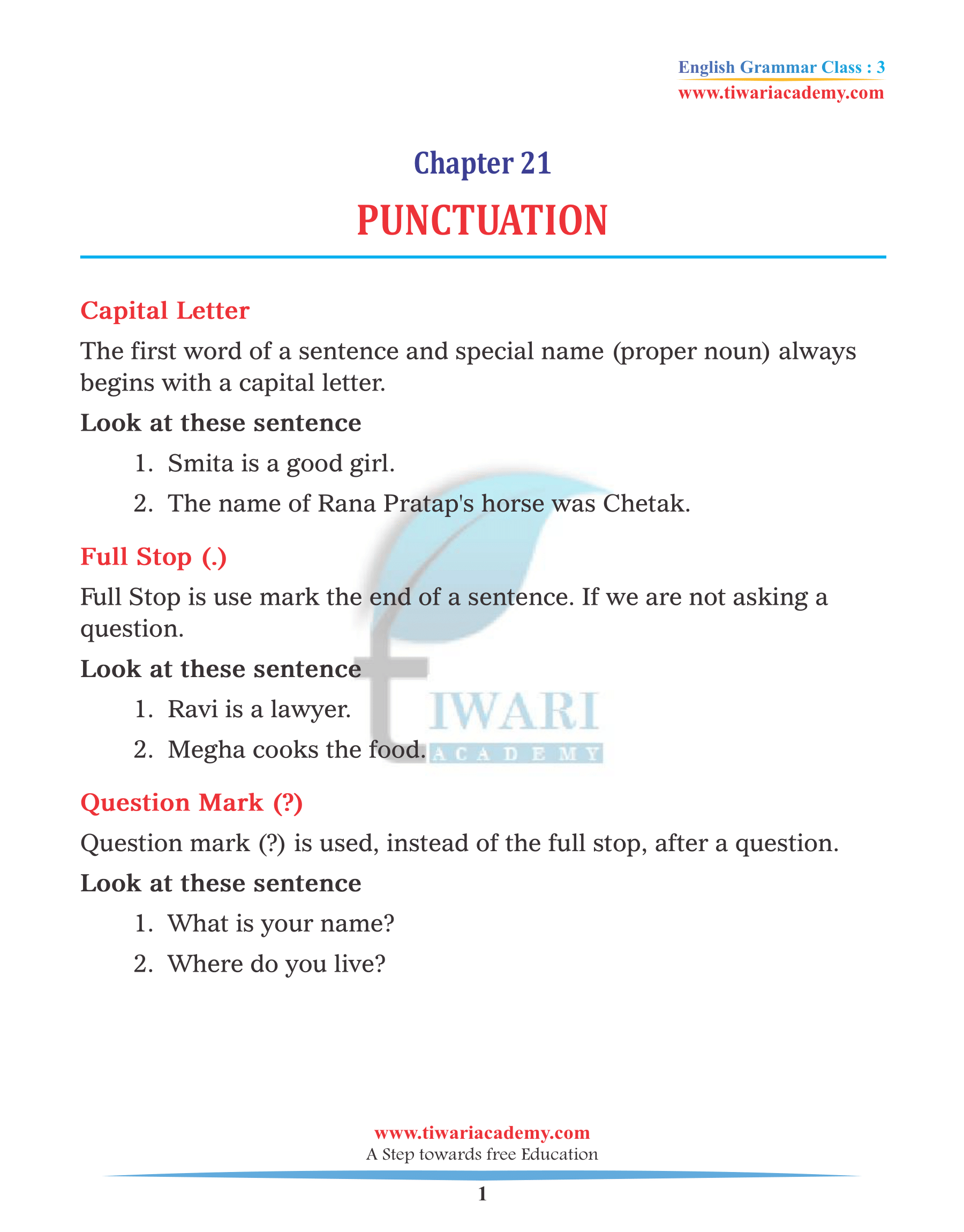 Class 3 English Grammar Chapter 21 Punctuation PDF