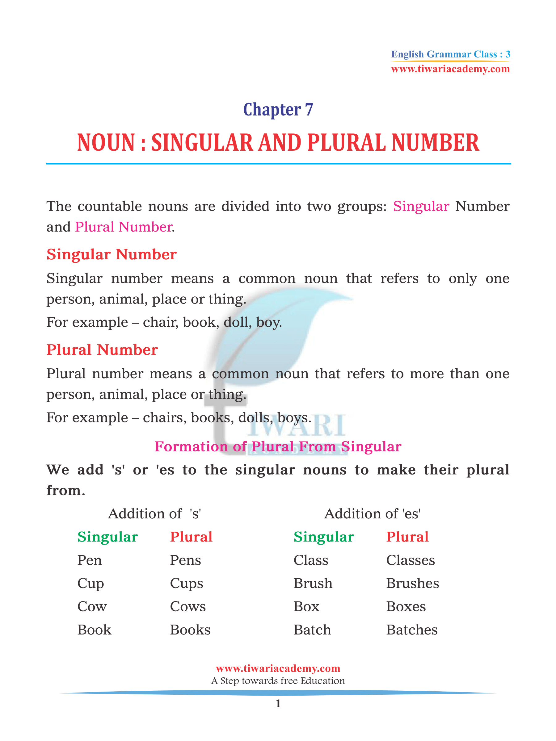 Class 3 English Grammar Chapter 7 Noun - Singular and Plural Number.
