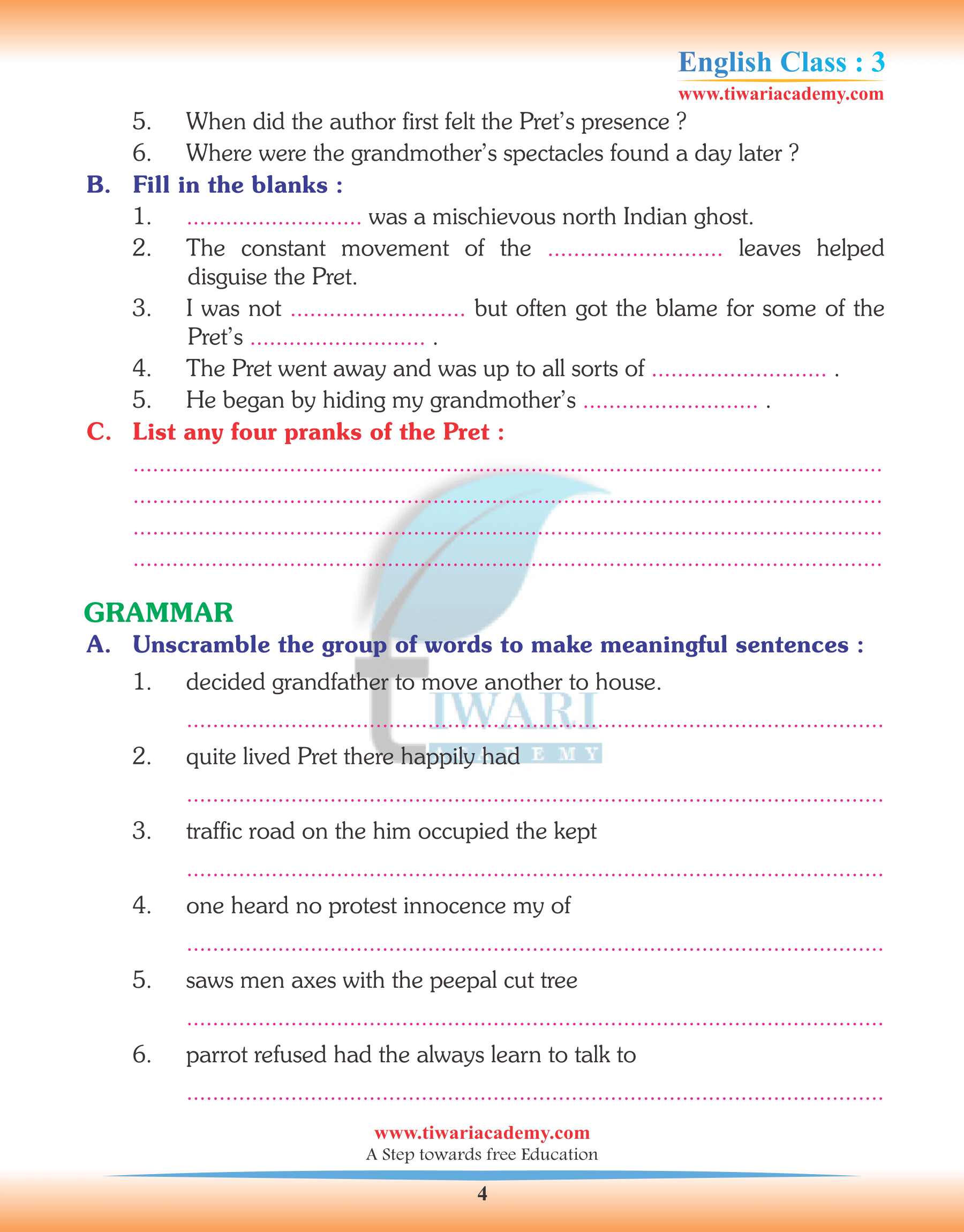 Class 3 English Chapter 2 Assignments