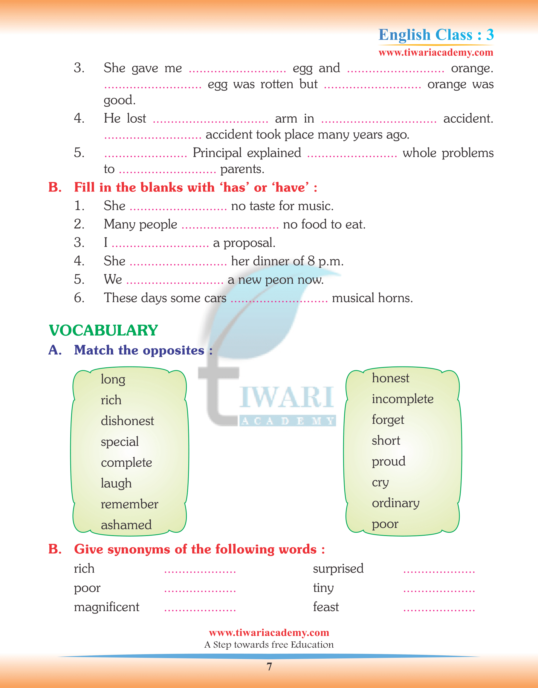 Class 3 English Chapter 3 assignments