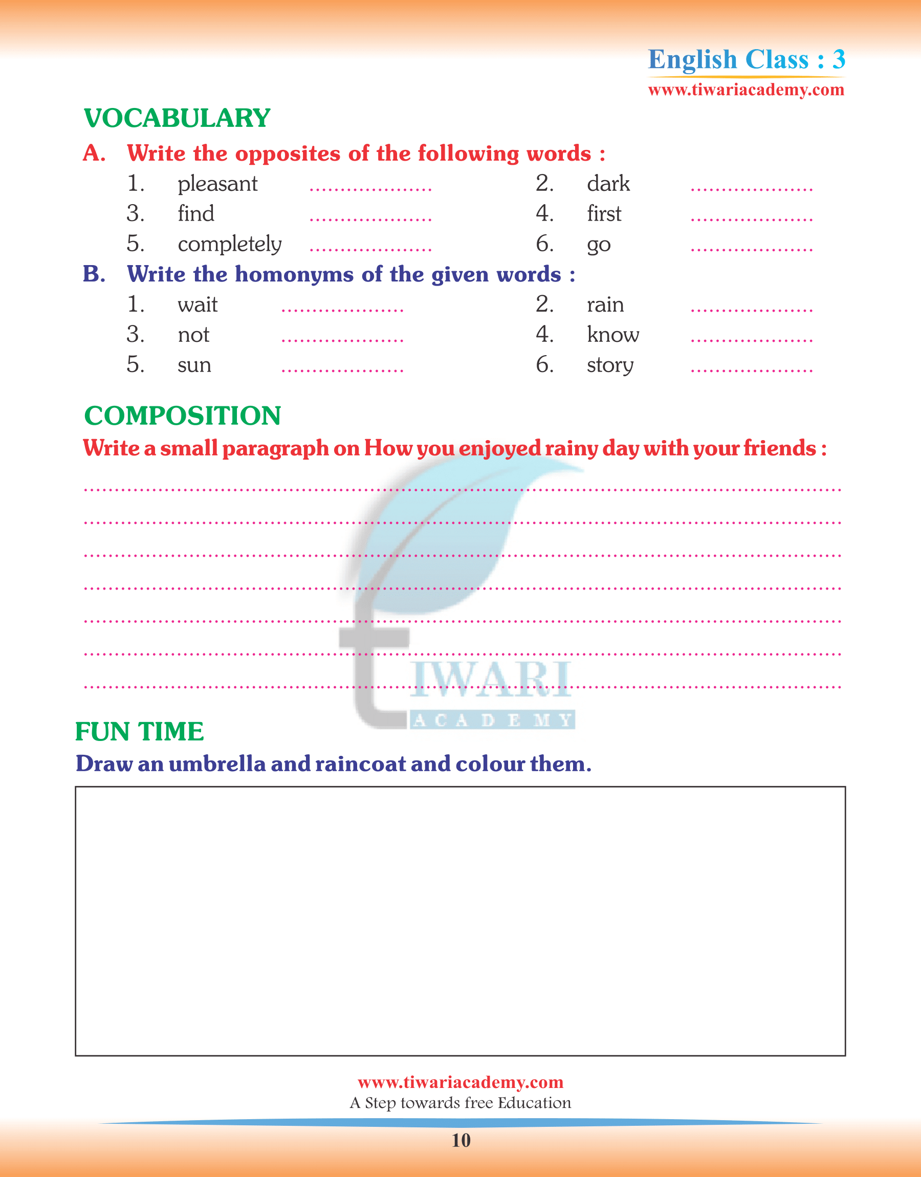 Class 3 English Chapter 6 Worksheet