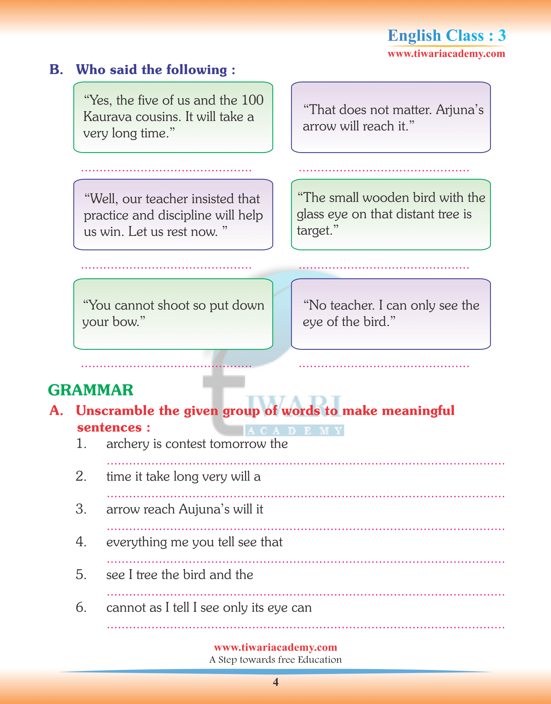 Class 3 English Chapter 7 Assignments