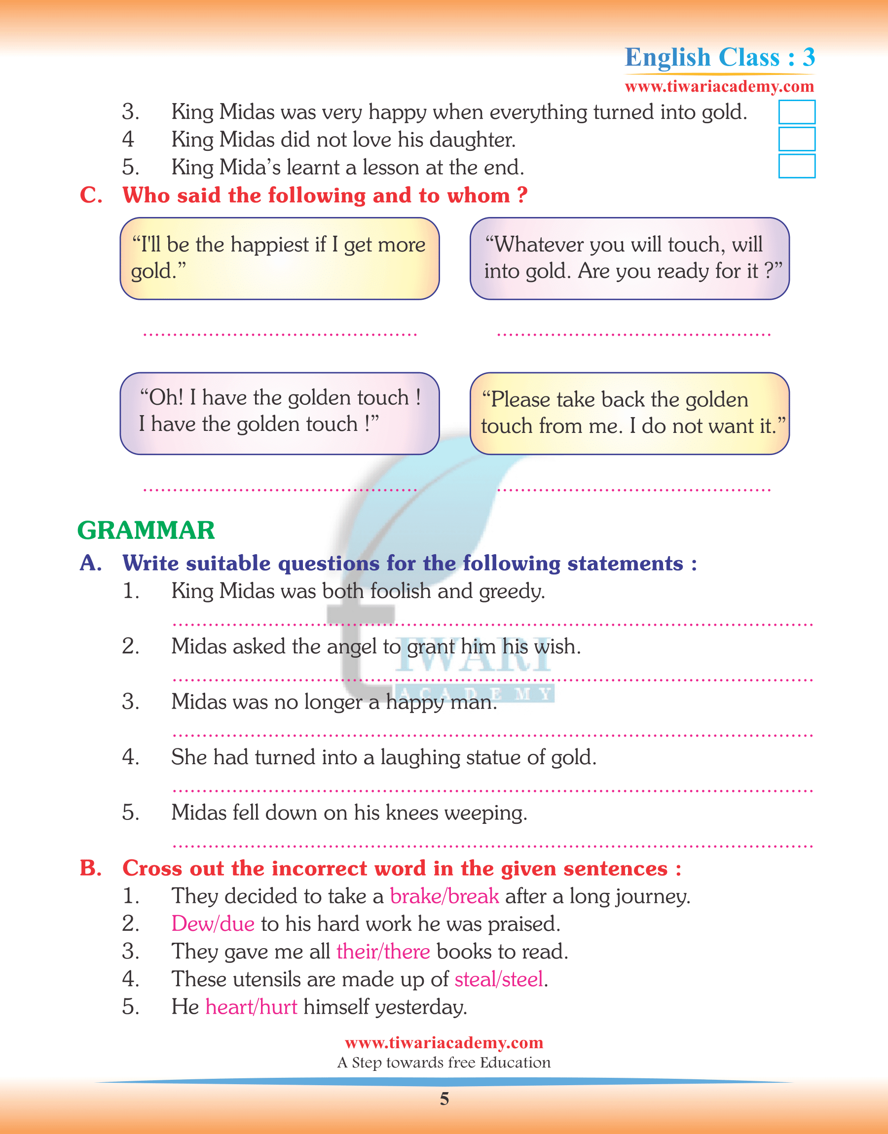 Class 3 English Chapter 8 Assignments