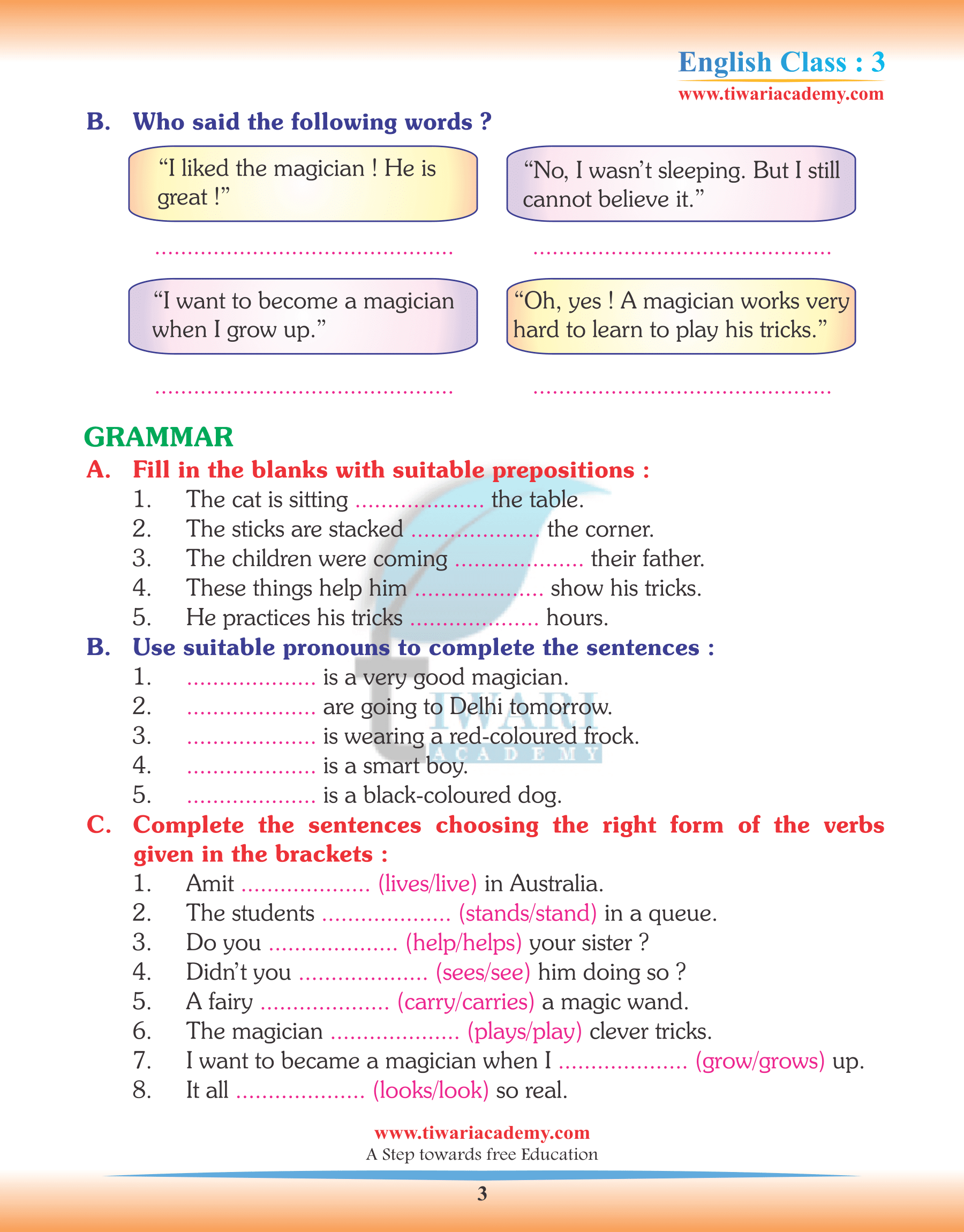 Class 3 English Chapter 9 Practice Assignments