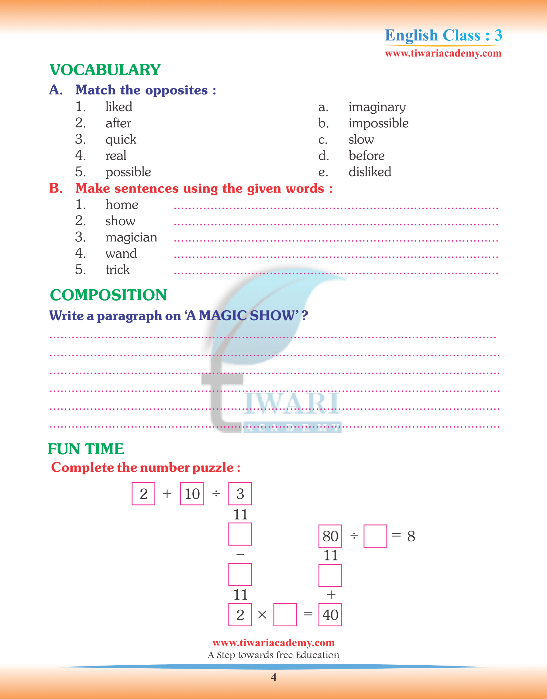 Class 3 English Chapter 9 Worksheet