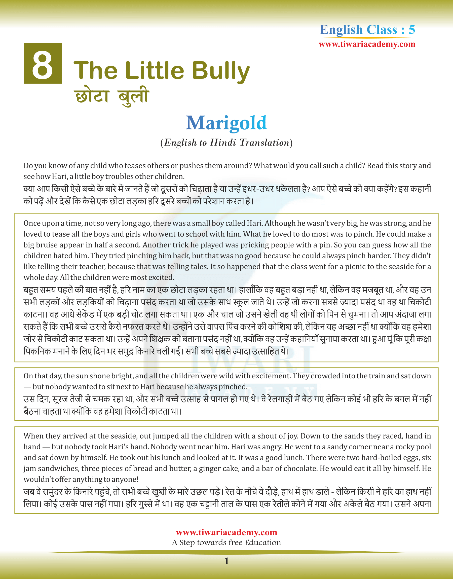 NCERT Solutions for Class 5 English Chapter 8 Nobodys Friend, The Little  Bully (PDF)