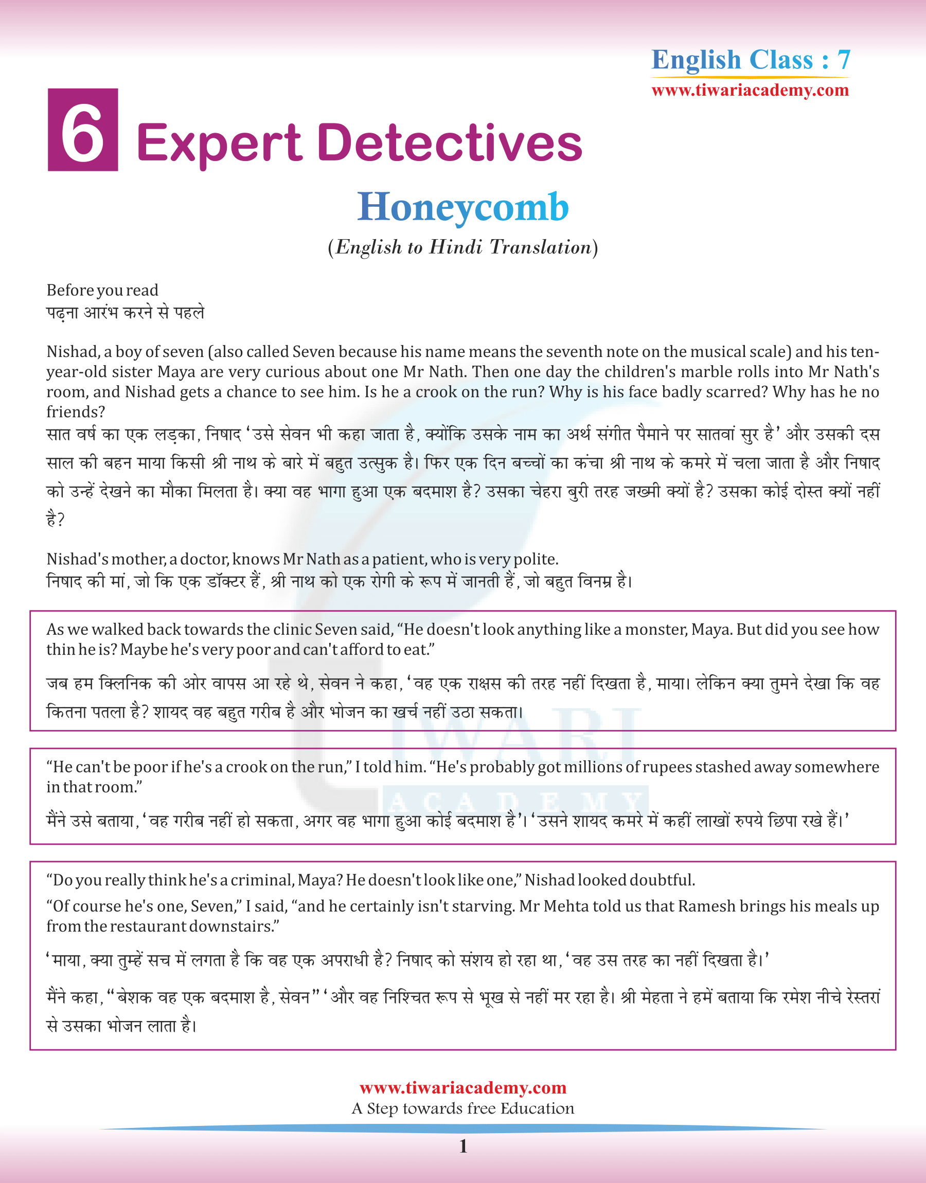Class 7 English Honeycomb Chapter 6 Expert Detectives Hindi Translation