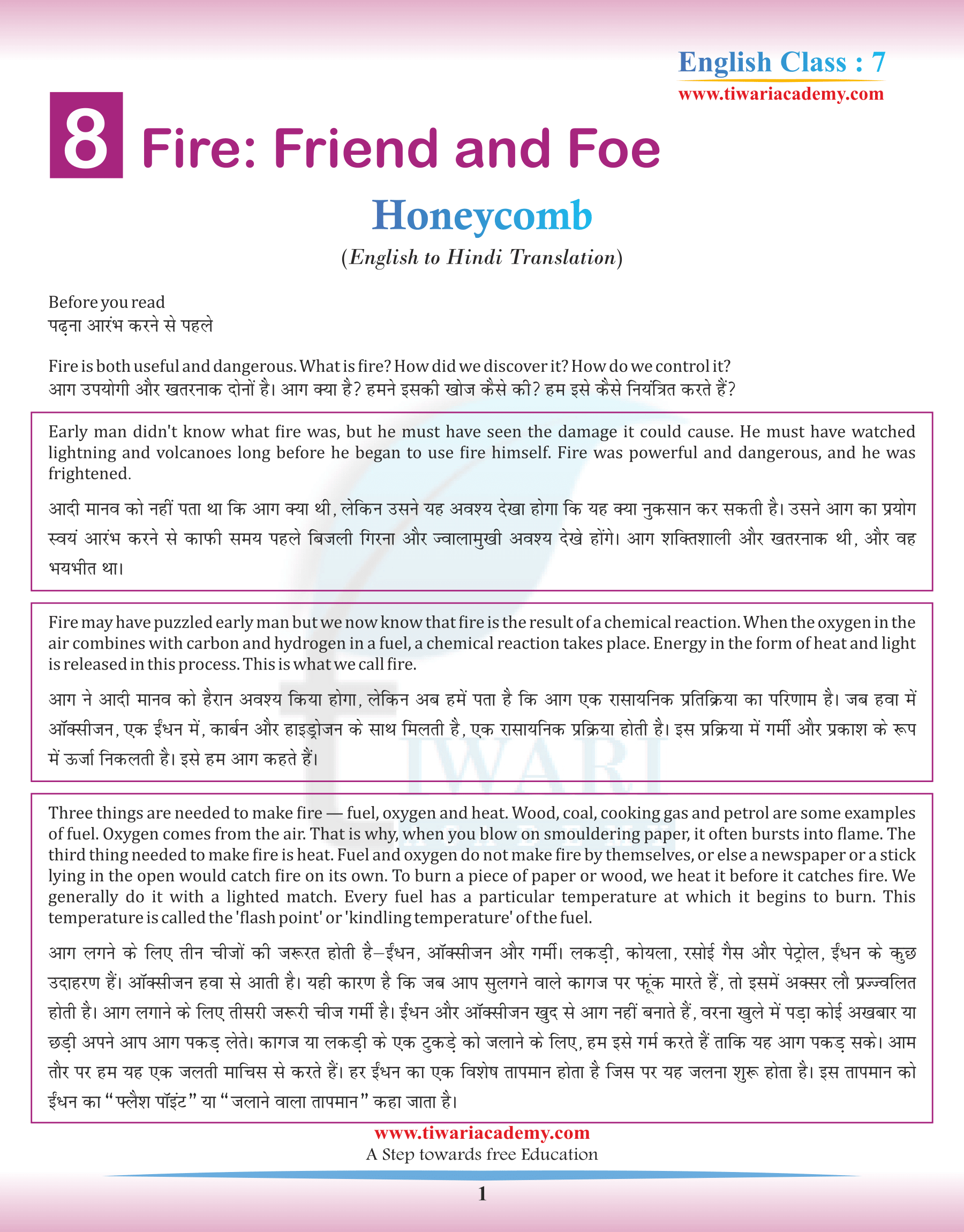 Class 7 English Honeycomb Chapter 8 Fire Friend and Foe in Hindi Medium