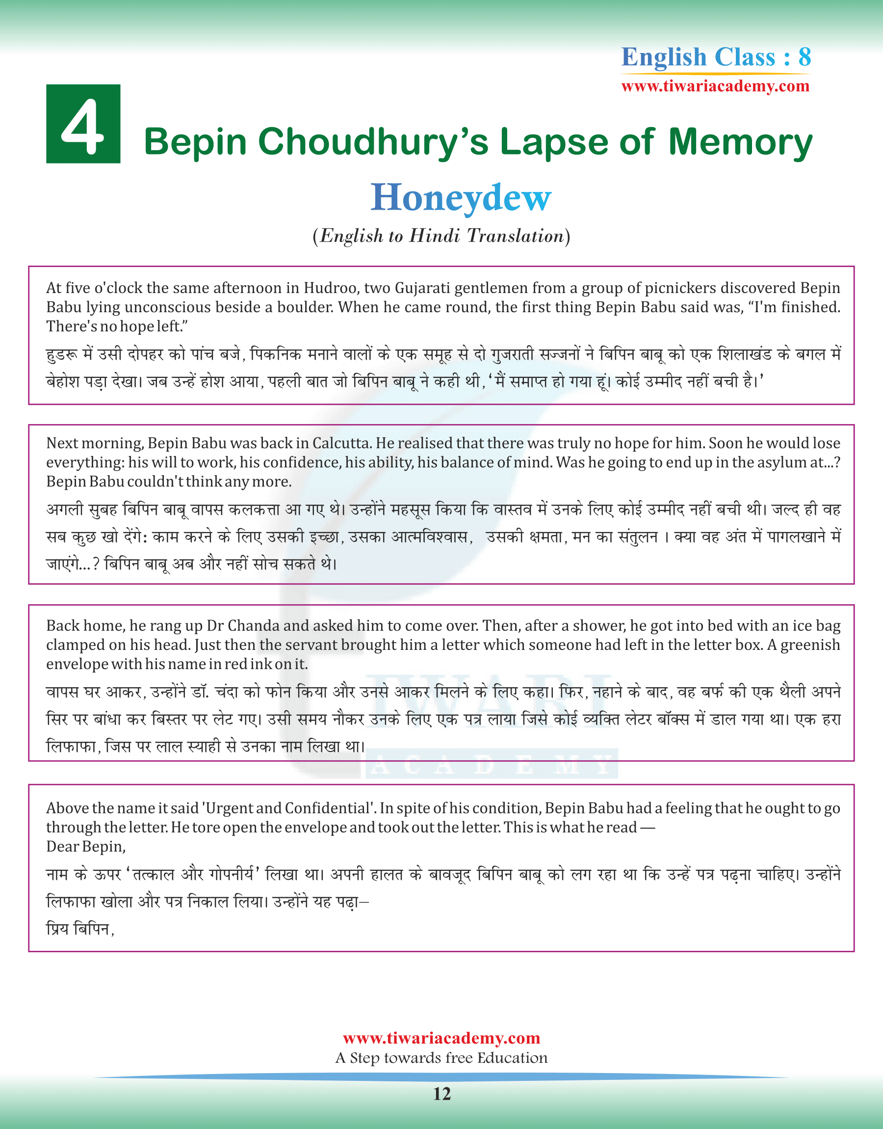 Grade 8 English Chapter 4 Translation in Hindi