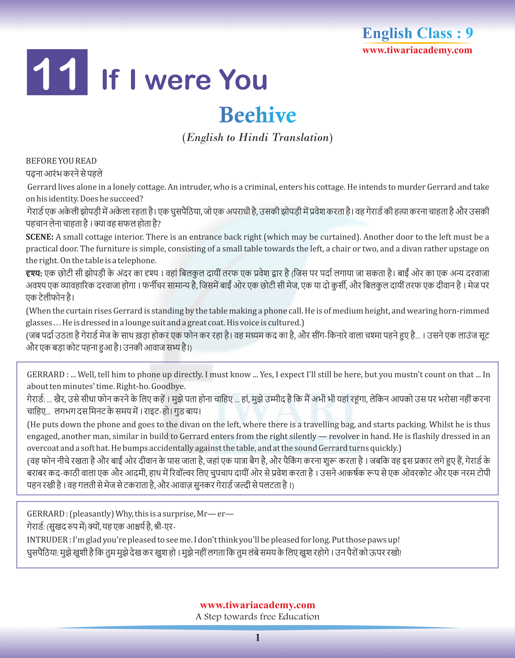 Class 9 English Beehive Chapter 11 If I Were You in Hindi Medium Version